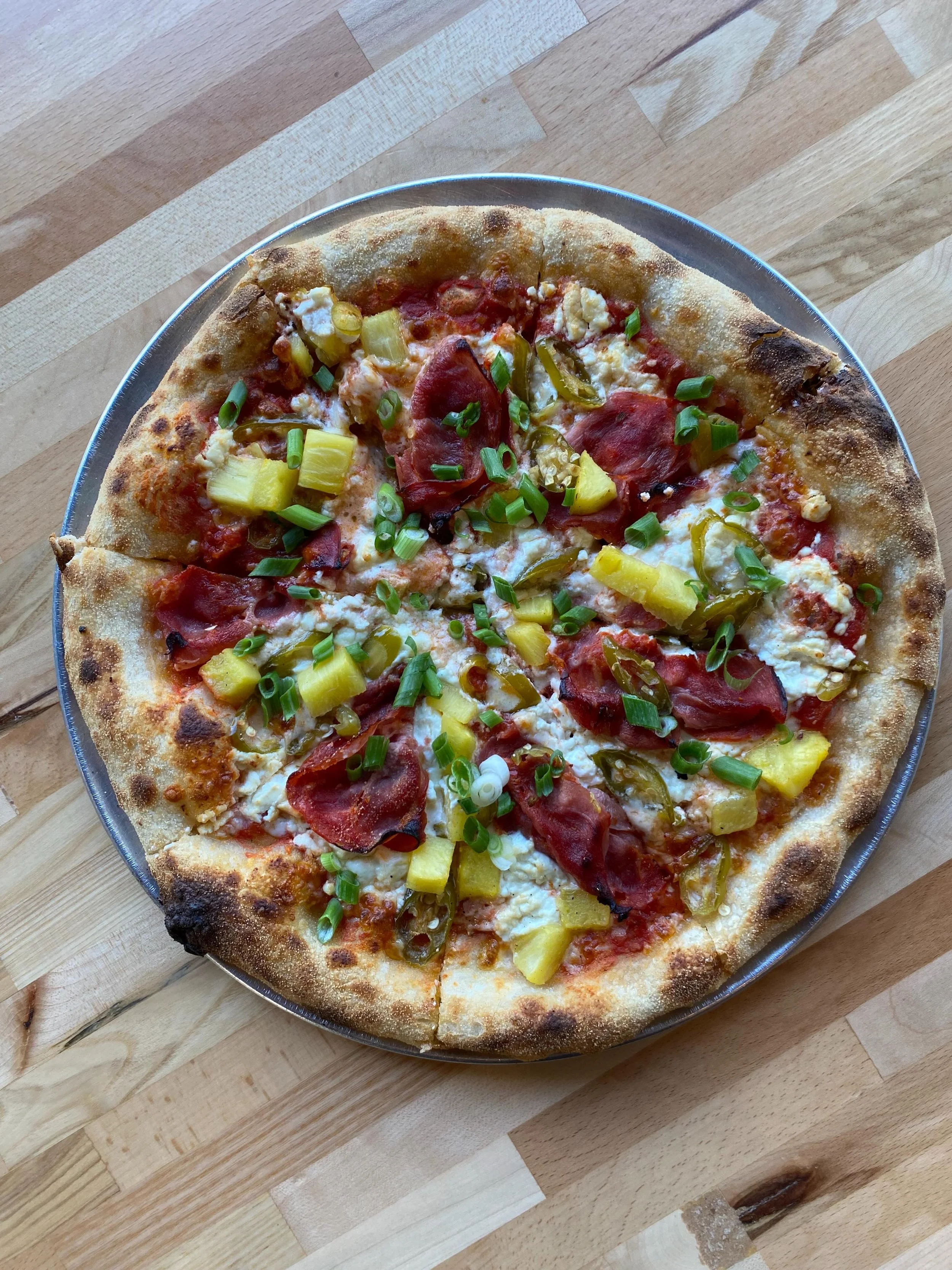 Our weekend special! Hot Capicola, pineapple, sweet &amp; spicy Serranos &amp; goat cheese!