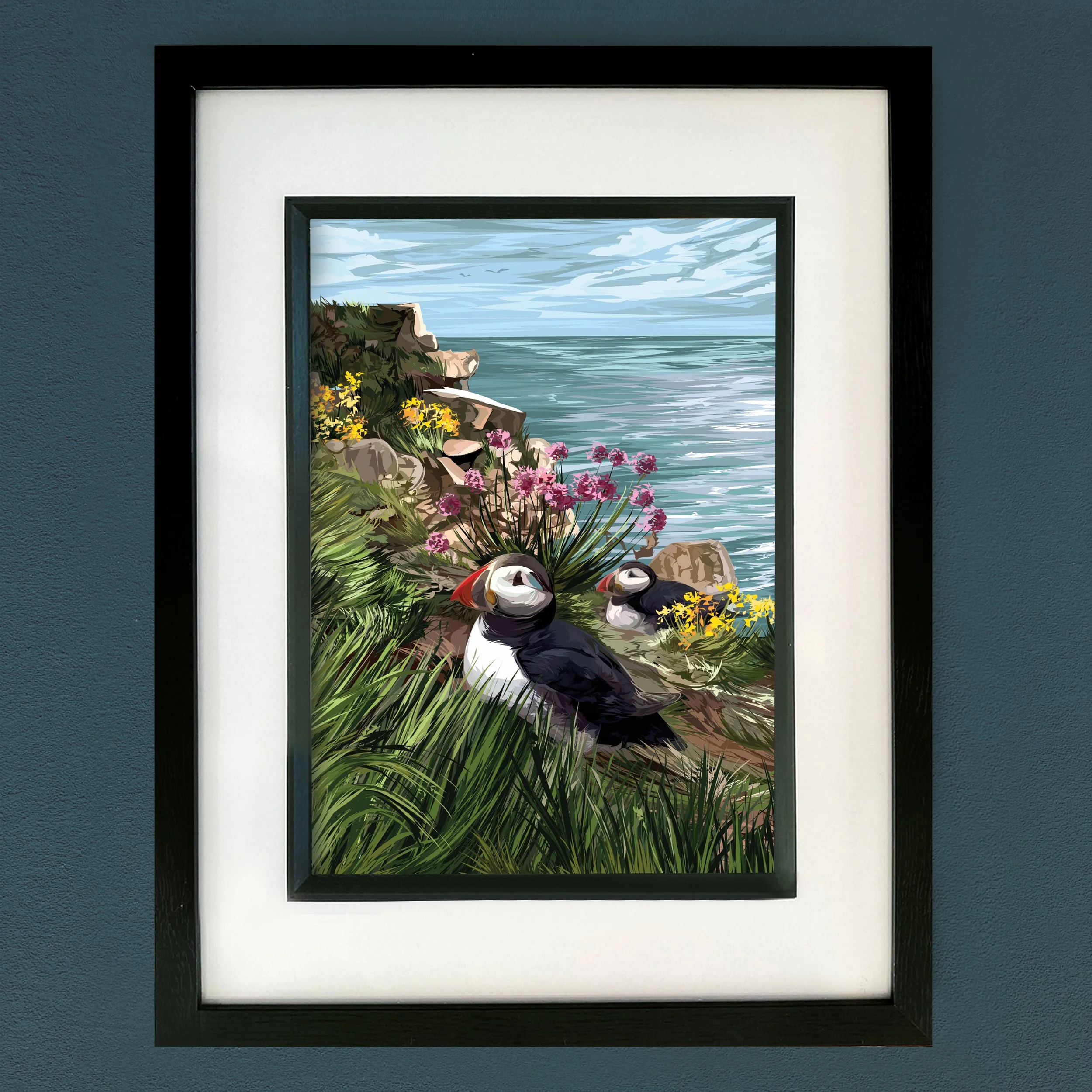 Rathlin Island Puffins Framed Print  (Black or Grey)