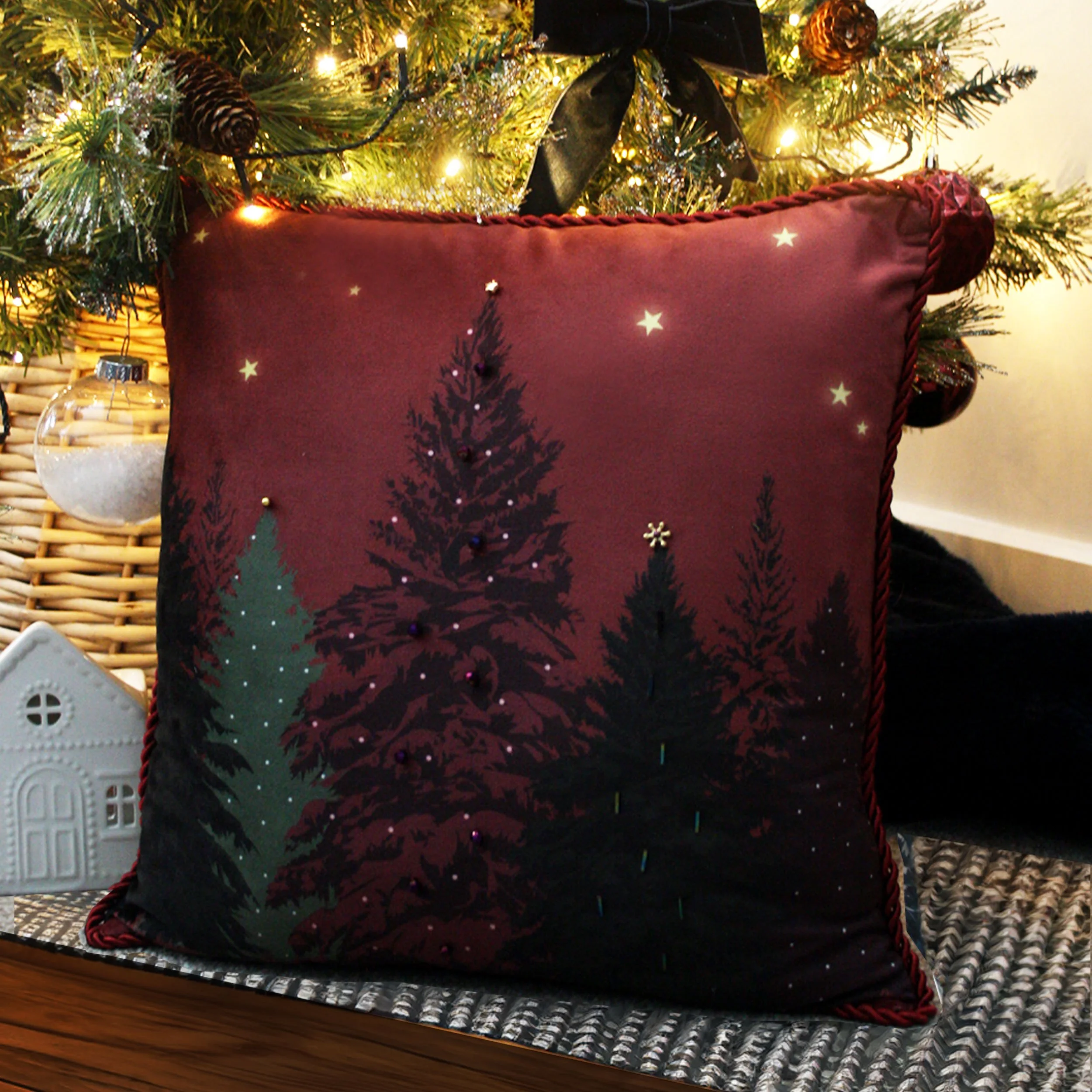 Starry Night Embellished Velvet Christmas Cushion