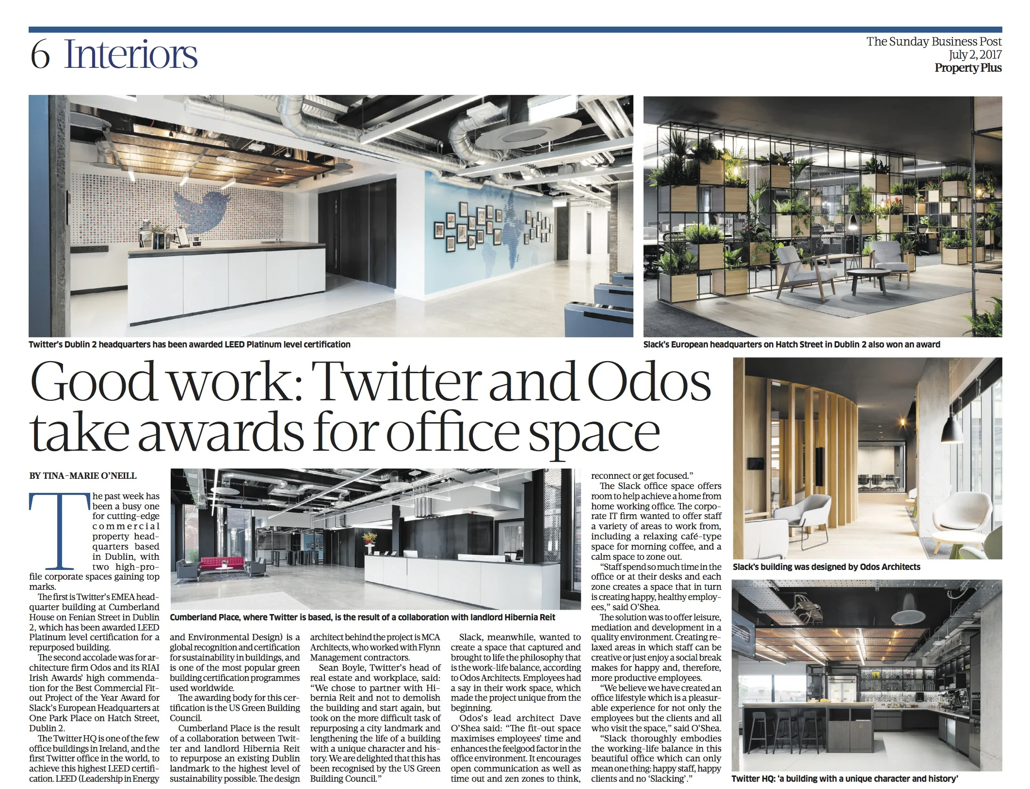 ODOS featured in the Sunday Business Post for award winning interior designs