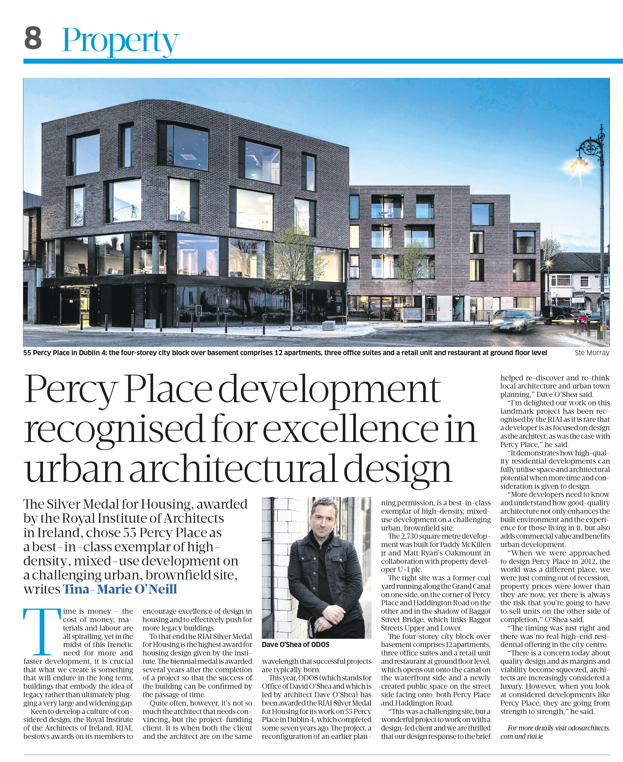 Percy Place Featured in The Business Post, Property Plus for Design Excellence