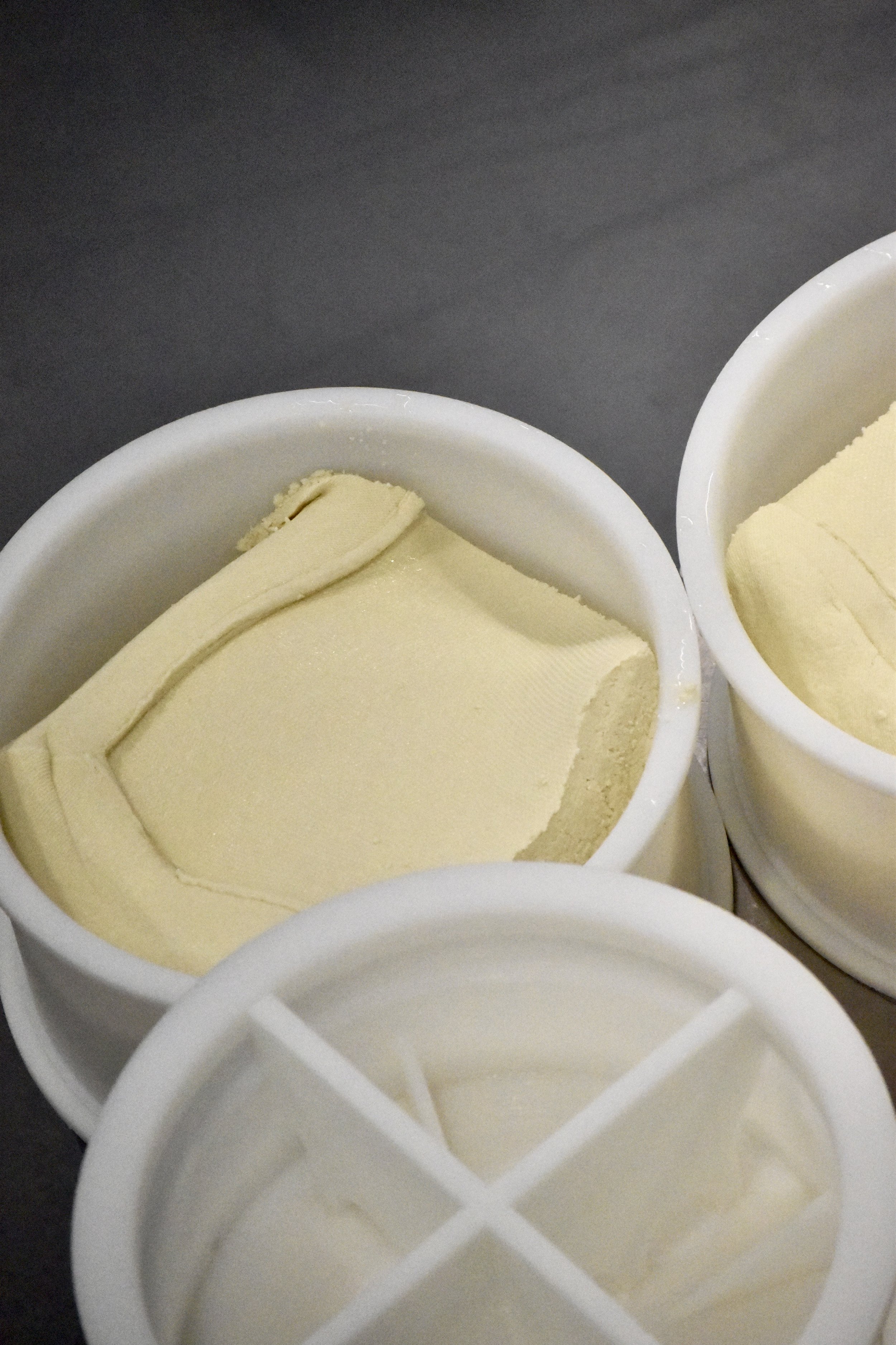  Slabs of Alpha Tolman curd in cheese molds, ready to be pressed 