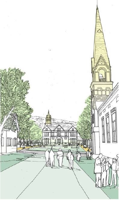 Illustrated street view of a town with buildings, trees, and people walking.