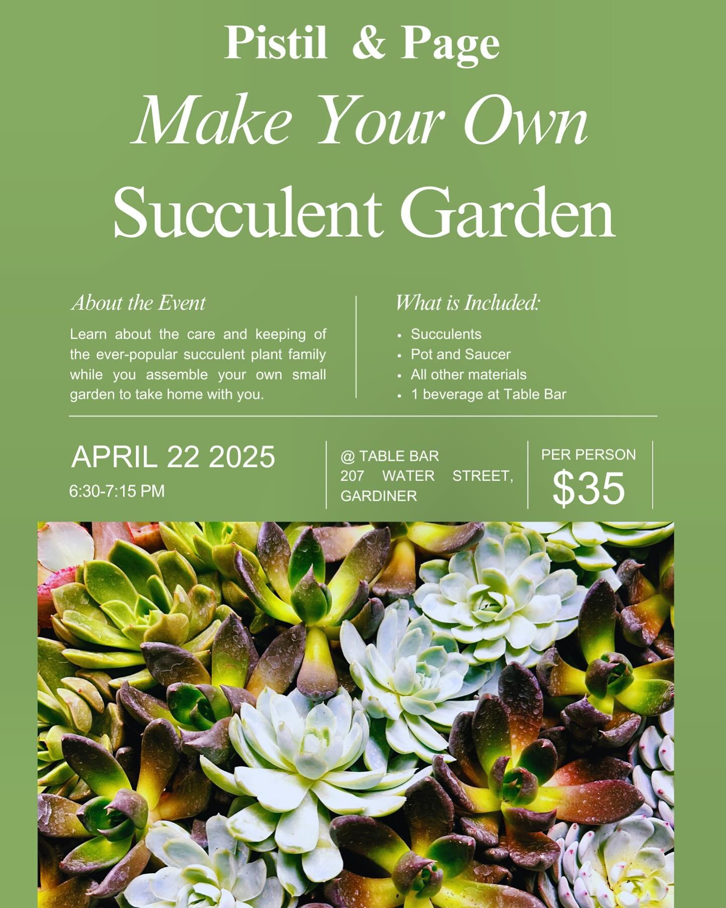 Next workshop is here! Join me at Table Bar to make a succulent garden&hellip; tickets available on the shop&rsquo;s website! See you there!
.
.
.
.
.
.
.
.
.
.
#succulent #succulentgarden #pistilxpage #tablebar #gardinermaine