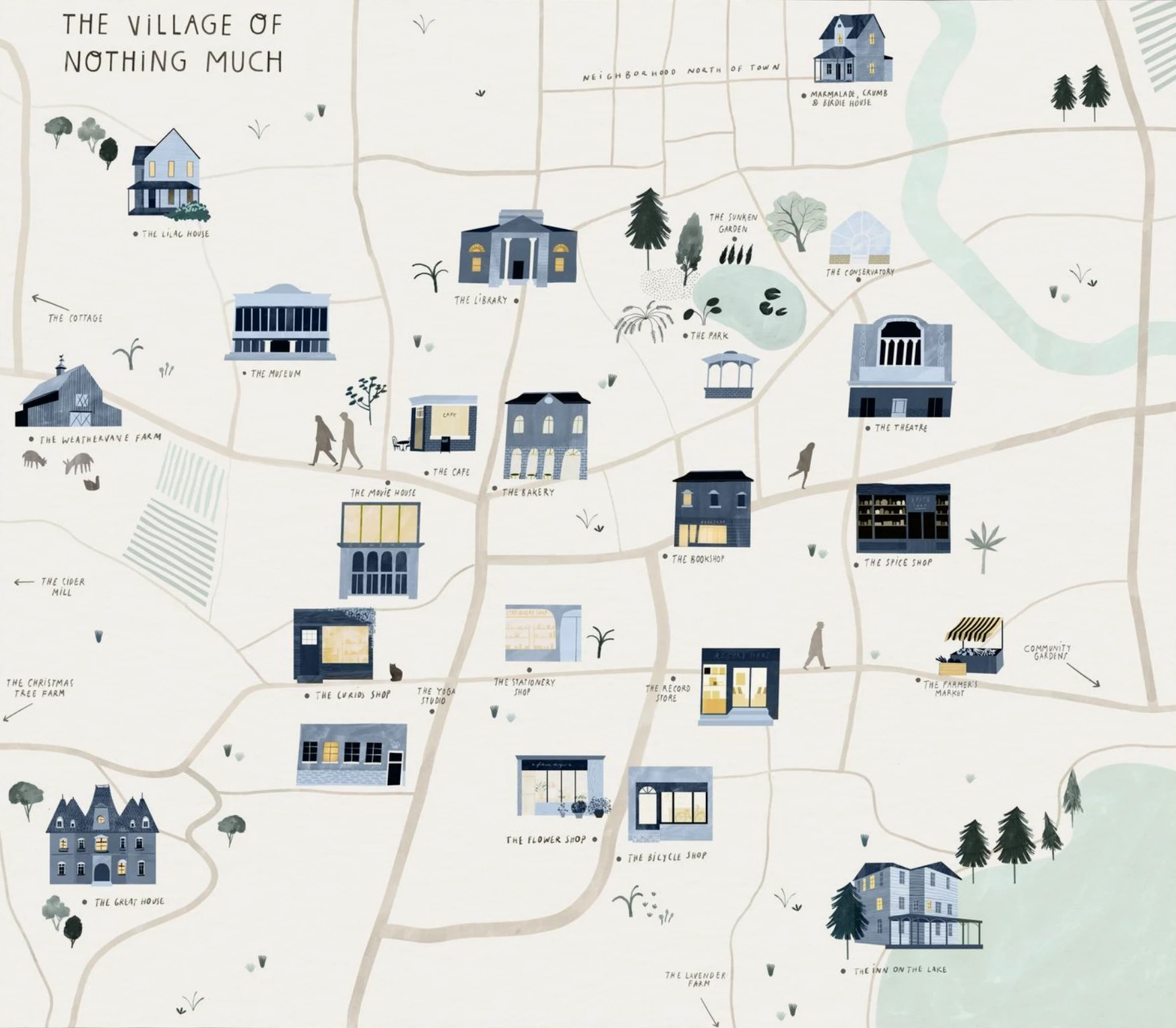 Illustrated map of a village named 'Nothing Much,' showing various buildings and farms such as The Lilac House, The Library, The Museum, The Cafe, The Bookshop, The Bakery, The Theatre, The Spice Shop, The Farmers Market, and others. The map also features natural elements like trees, a river, a garden, and a park.