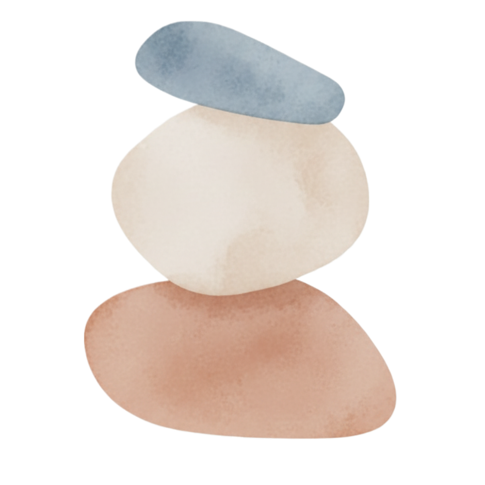 Stacked smooth stones of different sizes and colors, with a large beige stone at the bottom, a smaller white stone in the middle, and an elongated gray stone on top, arranged in a balanced formation.