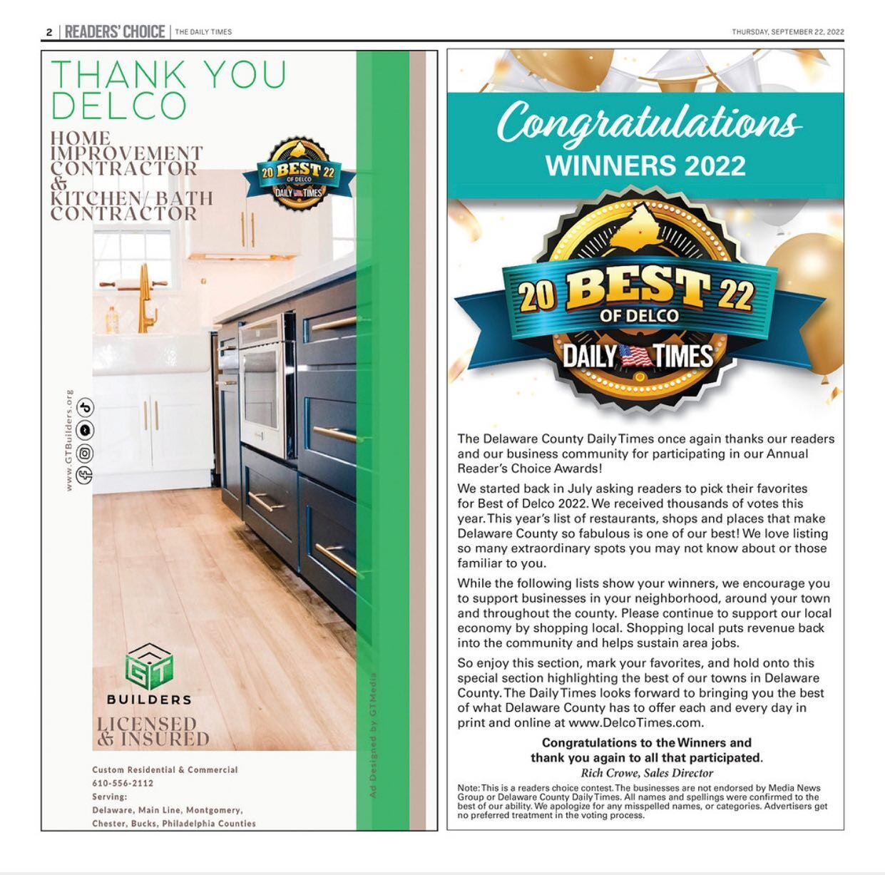 We are extremely grateful, thank you Delco! 

Best of 2022
&bull;Home Improvement Contractor
&bull;Kitchen/Bath Contractor