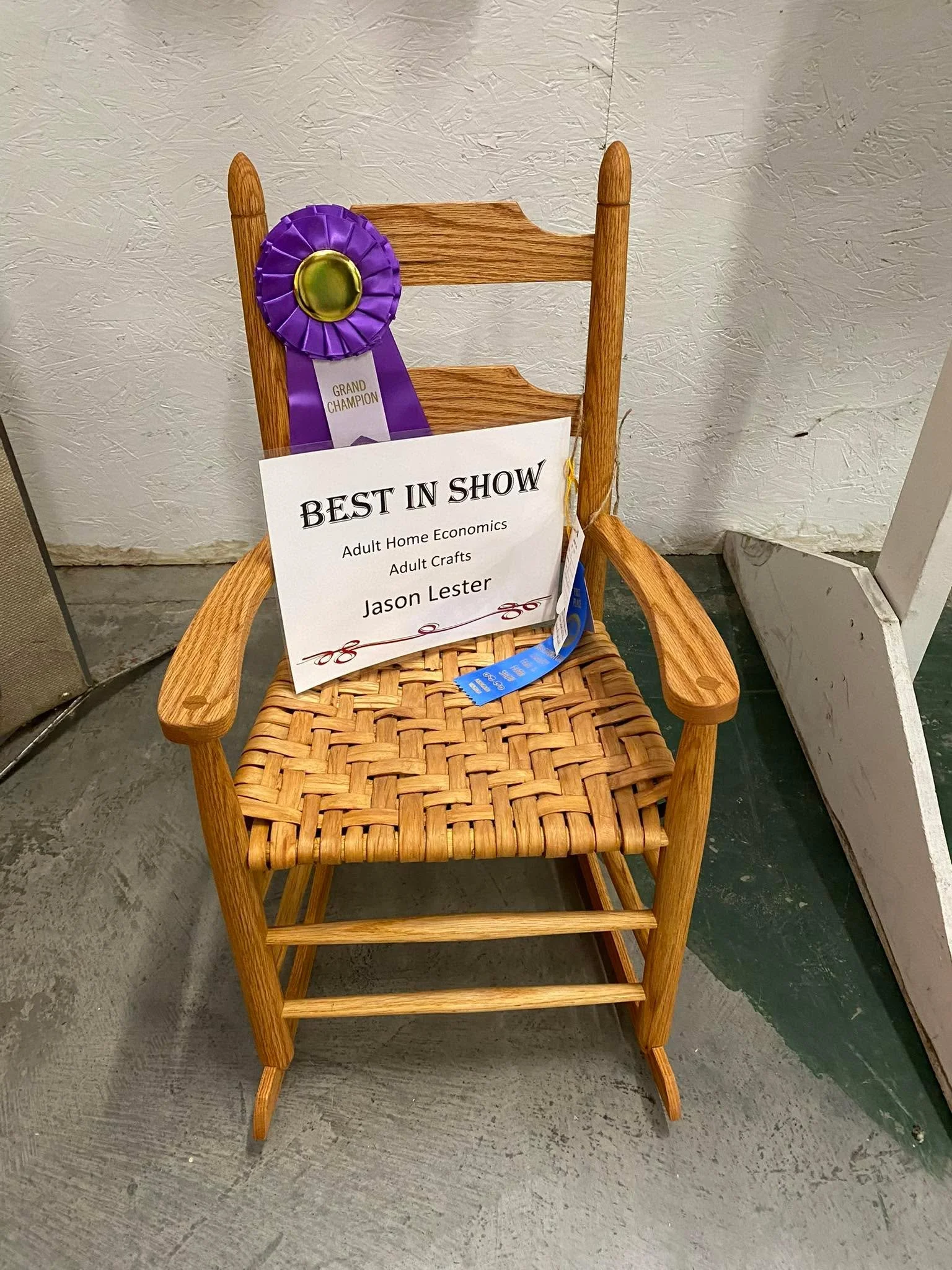 I got notice today that my children's rocking chair got Best In Show at the Washington County Fair.  It's red oak with a hickory bark seat.  It will be on display at the fair through Saturday.