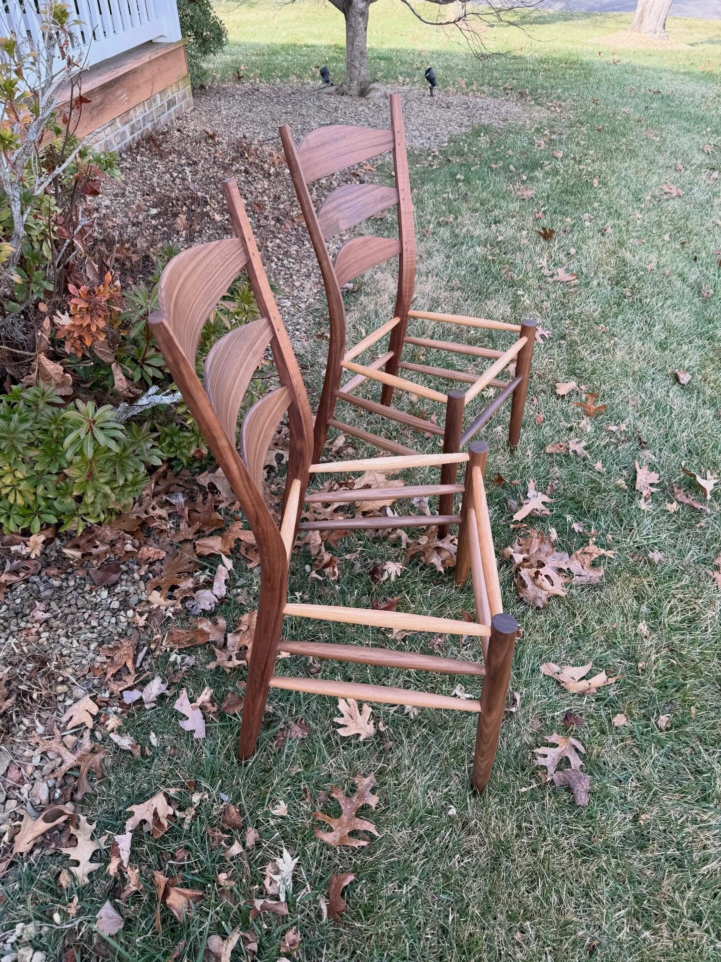 A couple of walnut Boggs-style dining chairs I just finished up other than the seats.  The slats were a challenge on these, I broke 3 sets.  I think I got some brittle walnut.  I was pleasantly surprised with the curly figure in the rear posts.  I do