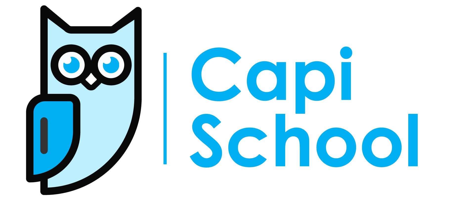 Logotipo de Capi School con una ilustración de un búho de color azul claro e oscuro que lleva gafas, y el texto en azul que dice 'Capi School'.