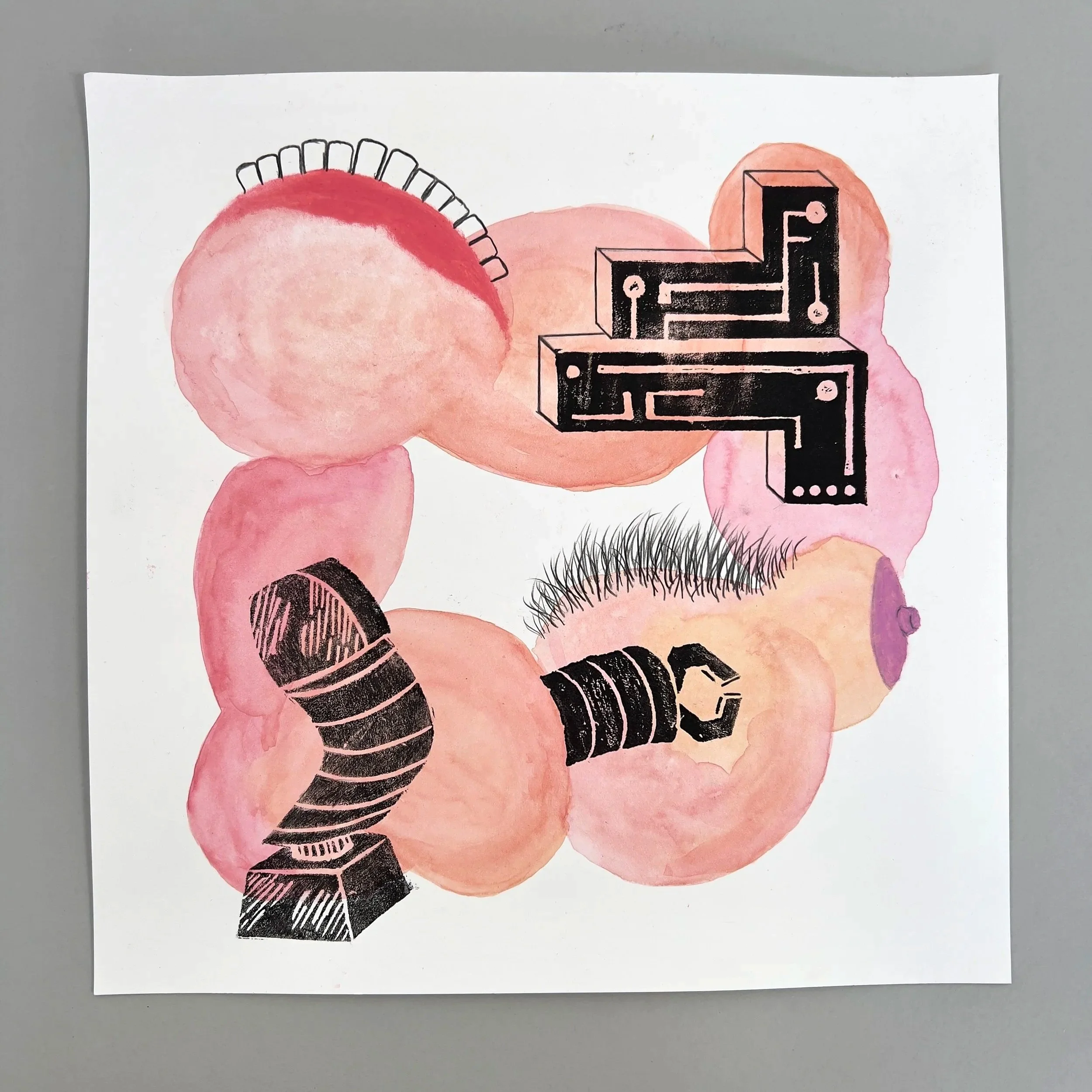 ChatGPT titled "Anatomy of a Thought Machine", watercolor, print ink, pastel & pencil, 12" x 12", 2025