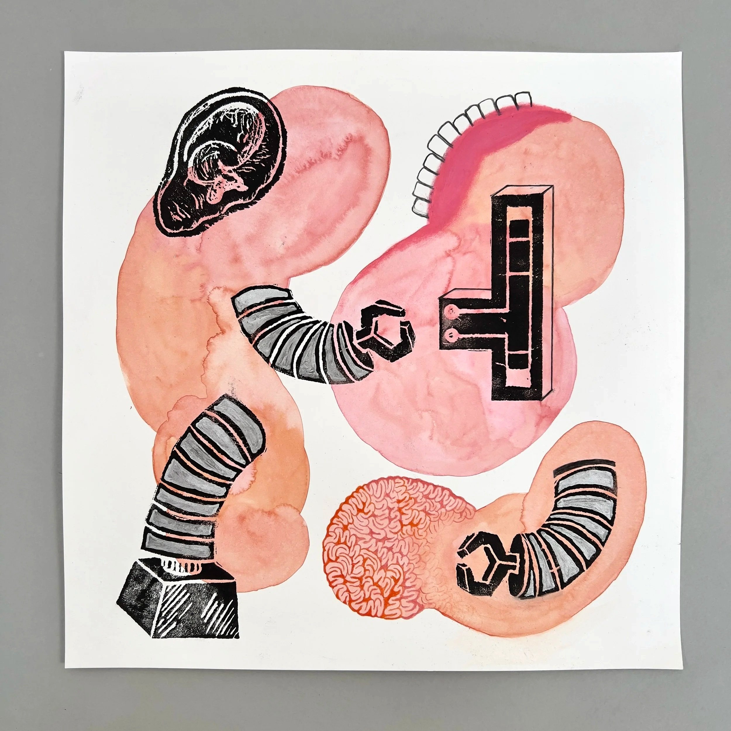 ChatGPT titled "Circuit Breaker for Metal and Muscle", watercolor, print ink, pastel & pencil, 12" x 12", 2025