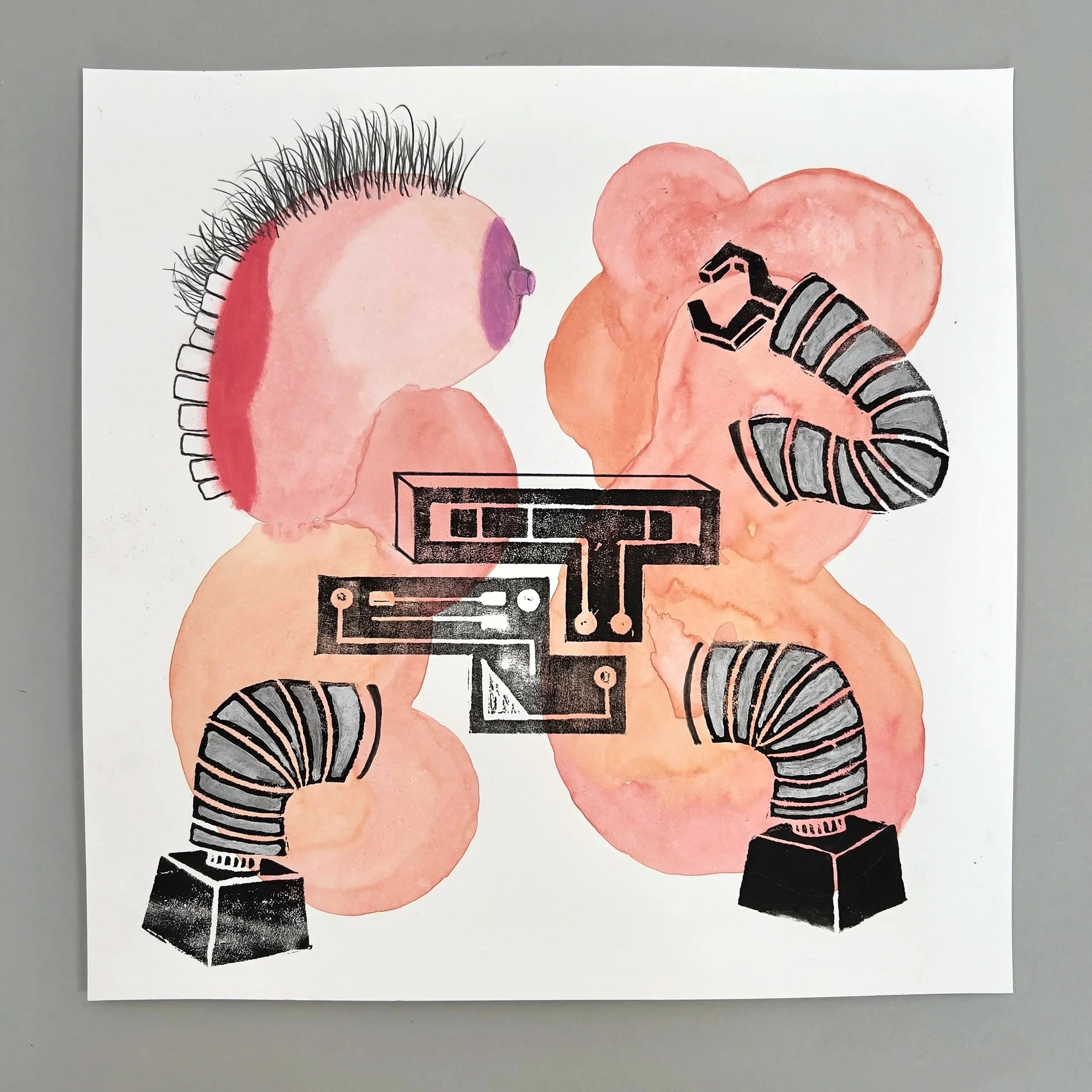 ChatGPT titled "Birth of the Motherboard", watercolor, print ink, pastel & pencil, 12" x 12", 2025