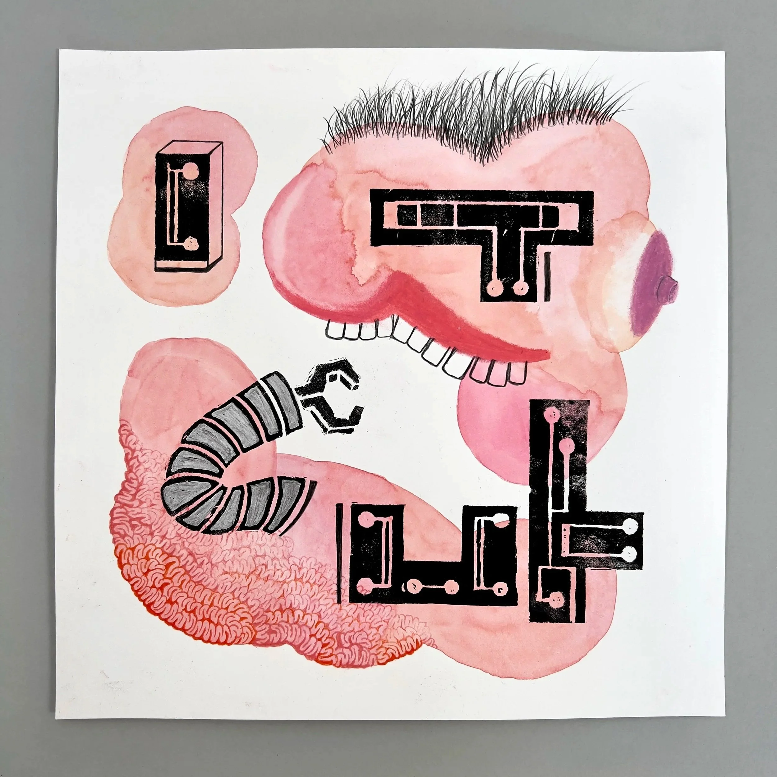 ChatGPT titled "Smile Adjustment for Soft Machine", watercolor, print ink, pastel & pencil, 12" x 12", 2025