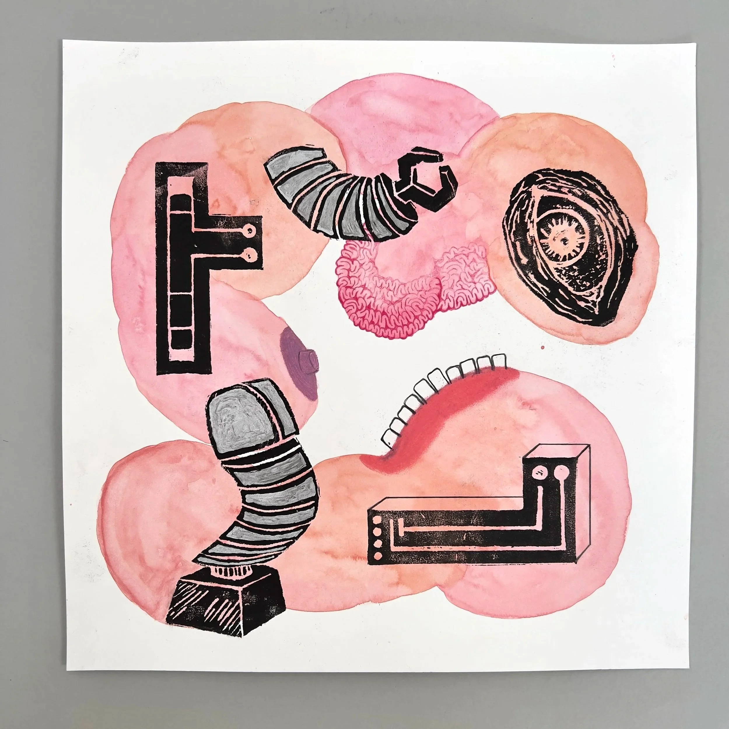 ChatGPT titled "Eye Response to Robotic Arm Massage", watercolor, print ink, pastel & pencil, 12" x 12", 2025