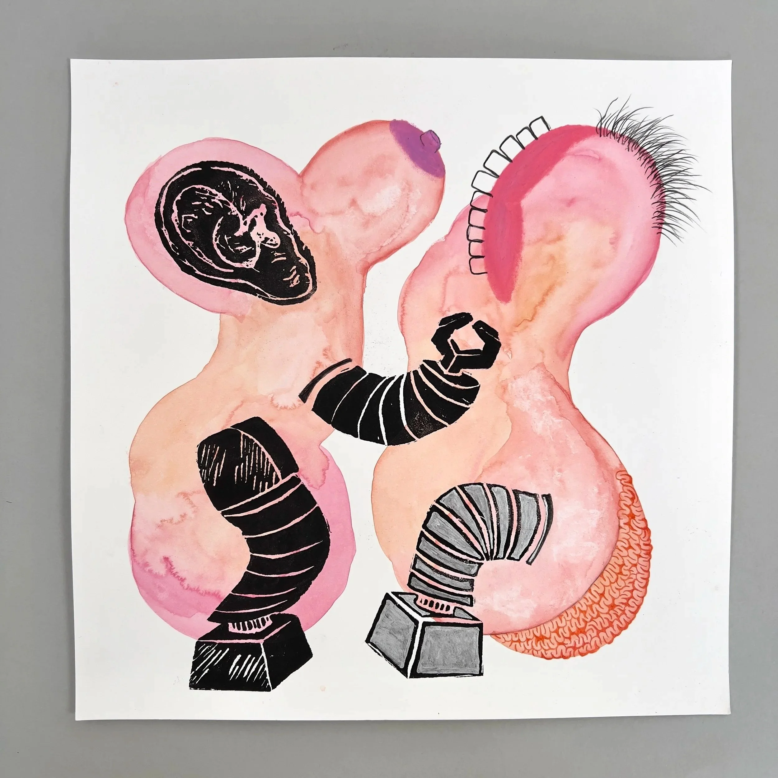 ChatGPT titled "Soft Machines Remember", watercolor, print ink, pastel & pencil, 12" x 12", 2025