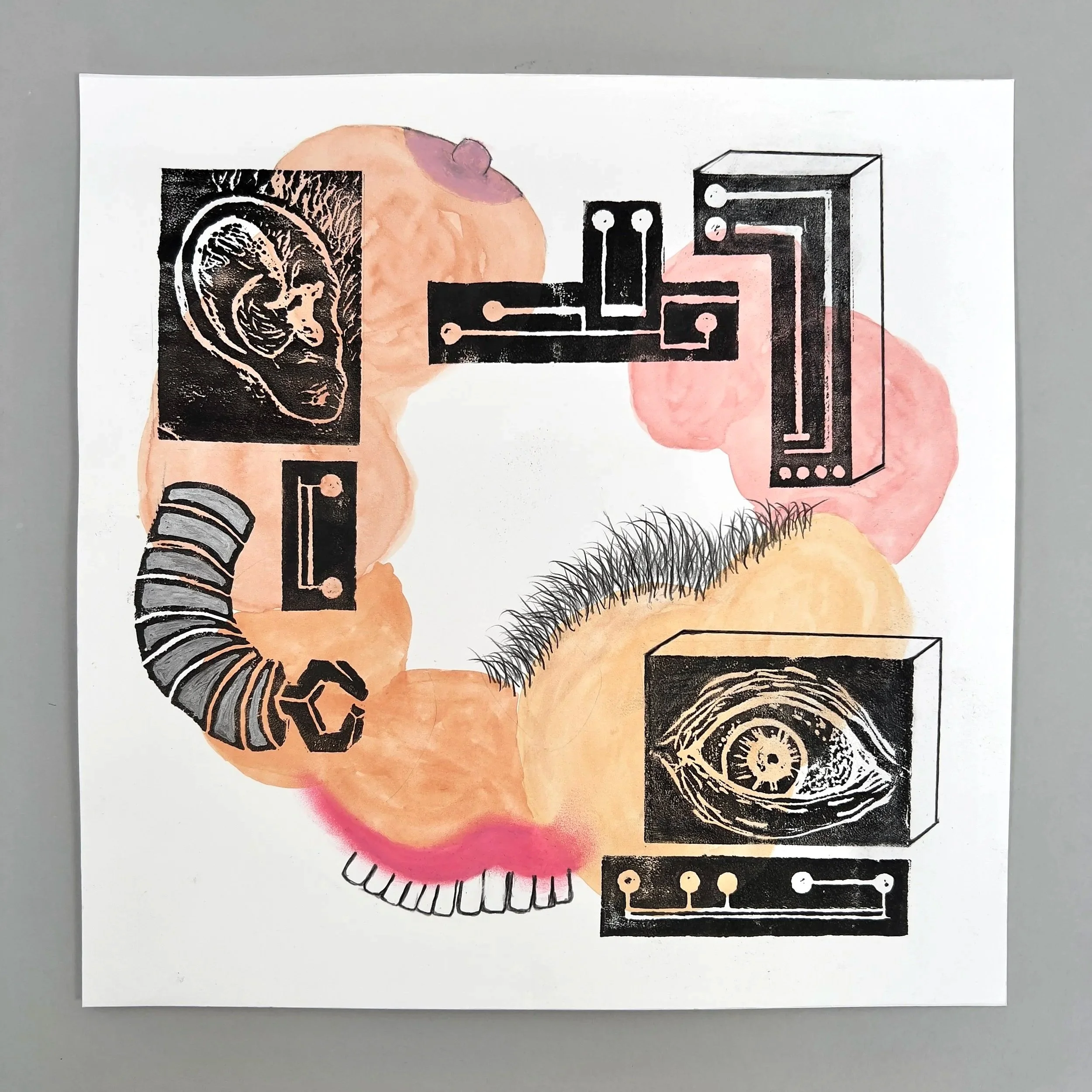 ChatGPT titled "Integrated Component Relay System", watercolor, print ink, pastel & pencil, 12" x 12", 2025
