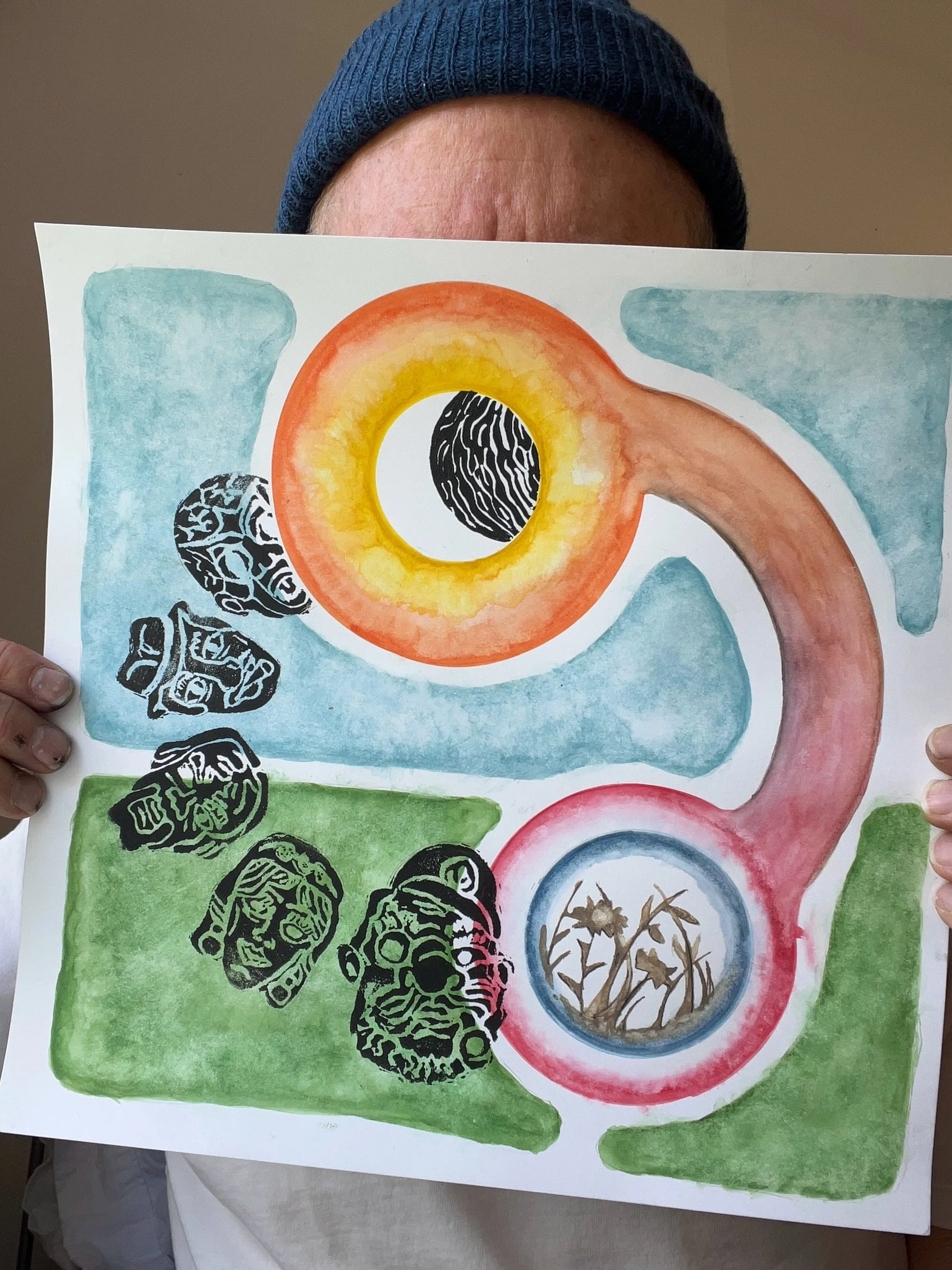 Last couple days of my residency @vacenterforthecreativearts Playing with some mixed media approaches to themes-images from new film &ldquo;De-escalation Tactics&rdquo; Forehead. Unnamed cow. Dusk. #blockprint #watercolor #mixedmedia