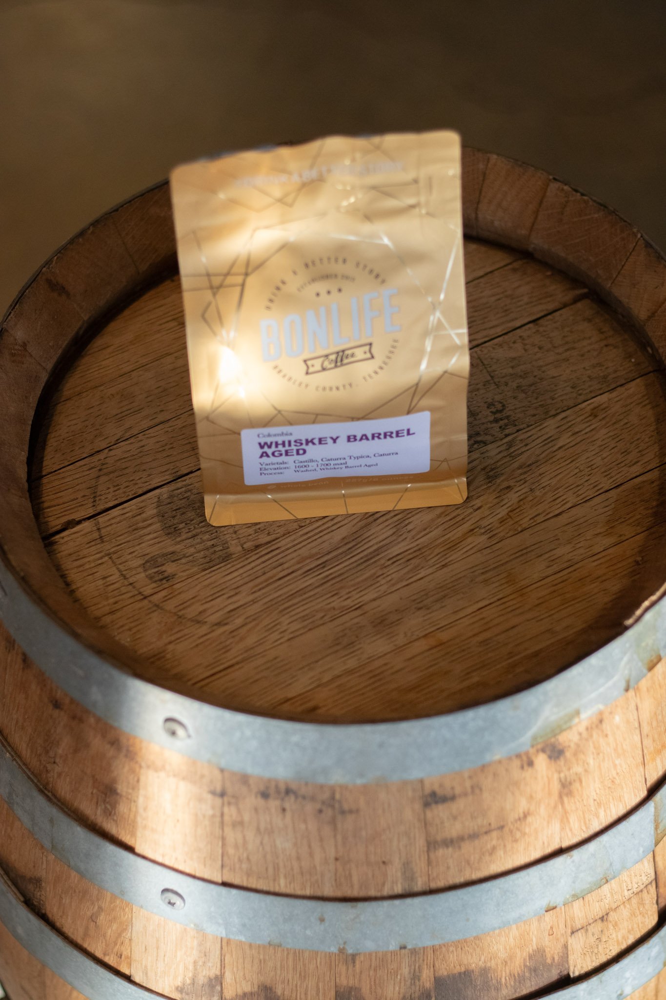Whiskey barrel aged Colombia light roast coffee by award winning BonLife Coffee Roasters gift guide.