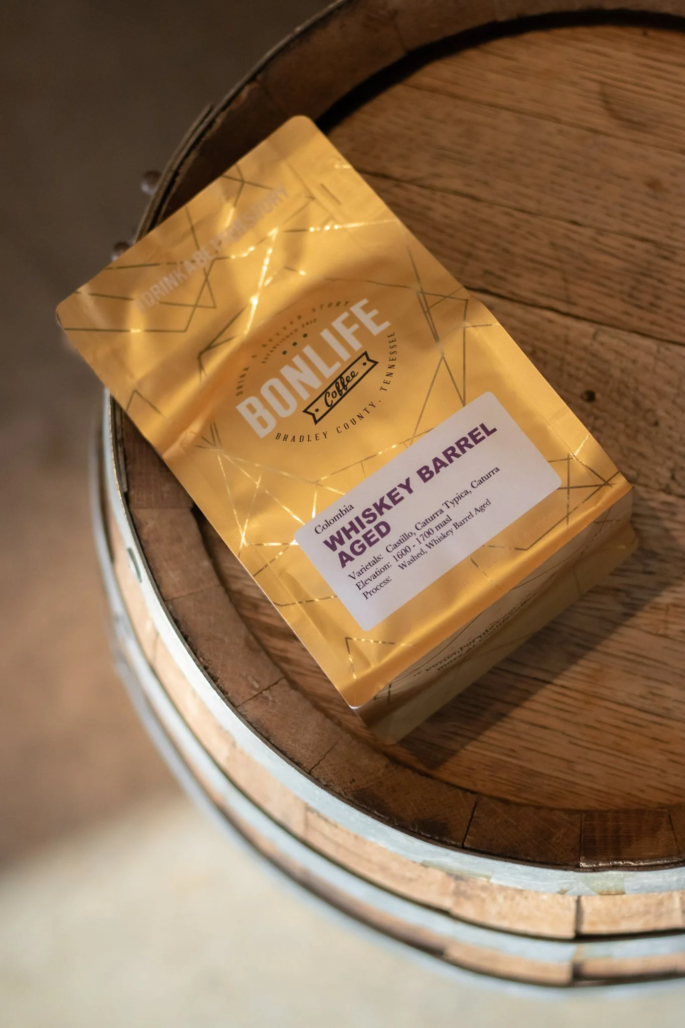 Whiskey barrel aged Colombia light roast coffee by award winning BonLife Coffee Roasters gift guide.