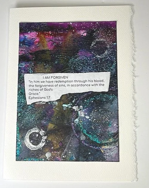 This is a mixed media abstract original art card with scripture on it.