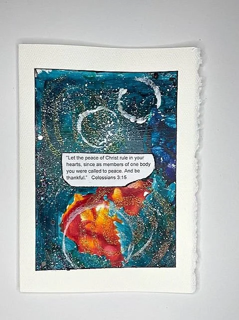 An abstract art painting (primary color is blue) on cards with scripture verse.