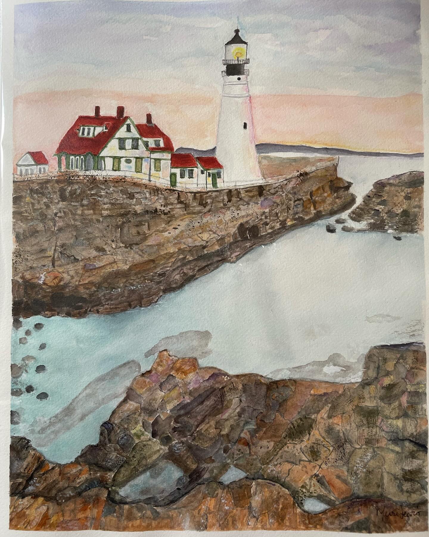 It&rsquo;s been a while, but I&rsquo;ve been working on some special requests! It&rsquo;s such a blessing to live in Maine&mdash;best landscapes! #watercolor #portlandheadlight #willardbeach #watercolorlandscape