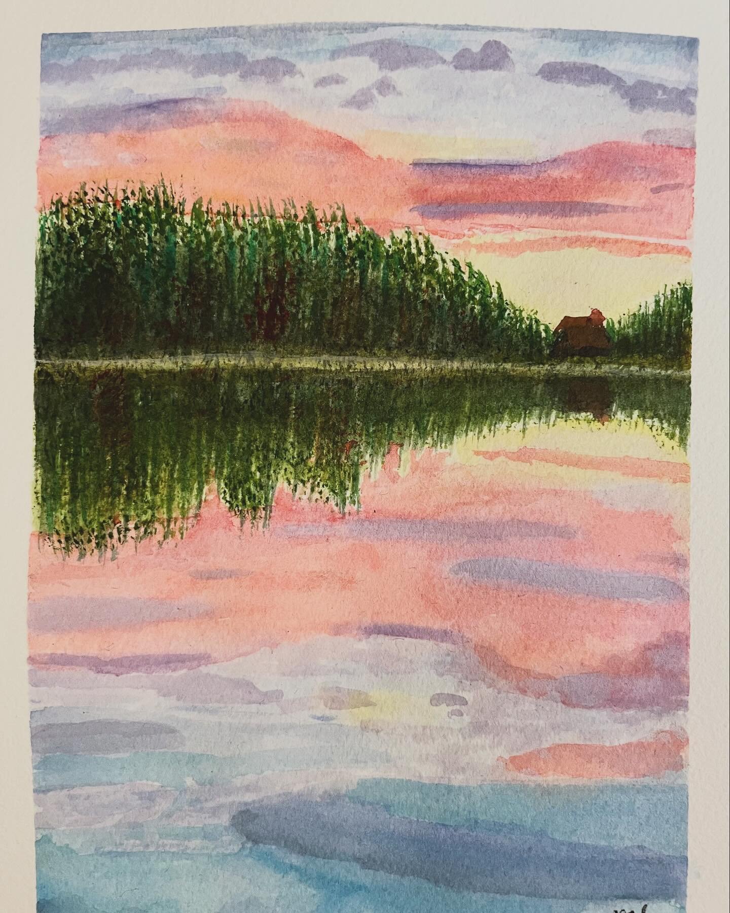 A cabin&rsquo;s reflection based off a still from a video  of an area in Lubec, Maine by photographer Brenda Taxiachris! #watercolor #watercolorreflections #watercolorlandscape #watercolorseascape #maineart #mainelandscape #watercolormaine