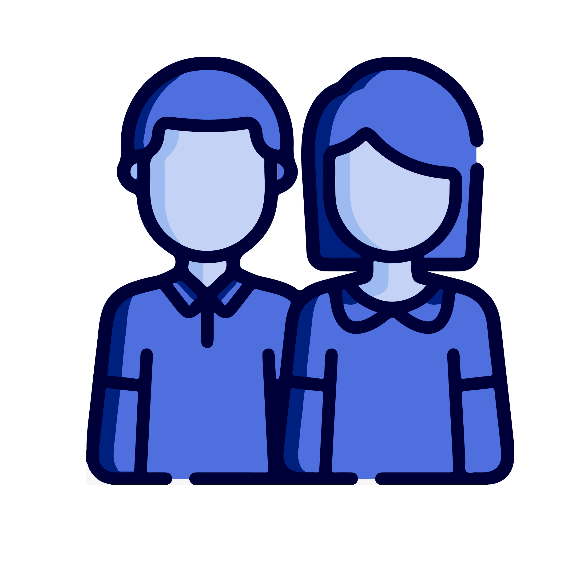 Minimalist illustration of a man and woman standing side by side, both wearing collared shirts, in shades of blue.