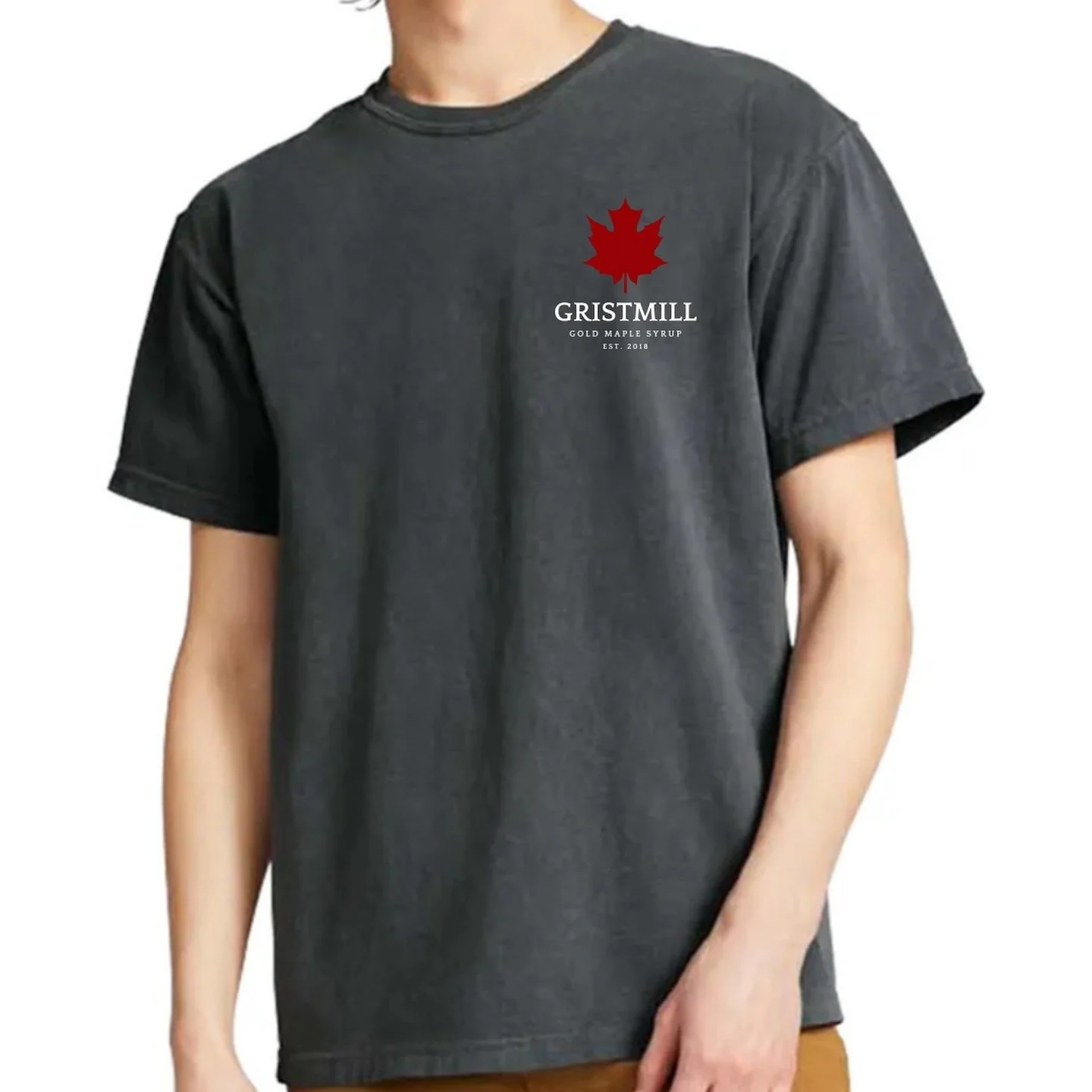 Logo with a red maple leaf above the text 'GRISTMILL, Gold Maple Syrup, Est. 2018' on a dark background.