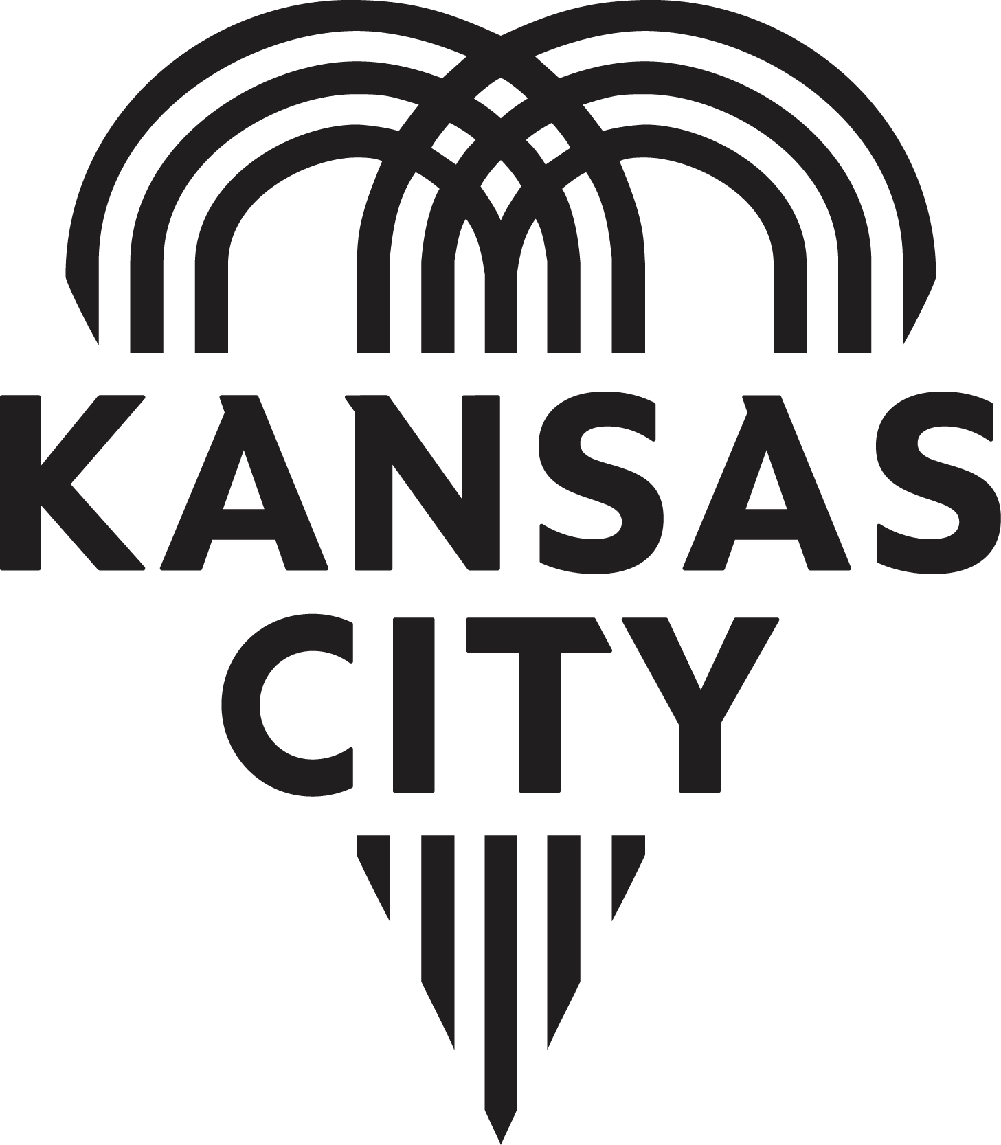 Black and white logo for Kansas City featuring stylized arrows forming a shape resembling a heart and a fountain, with the text 'KANSAS CITY' in the middle.