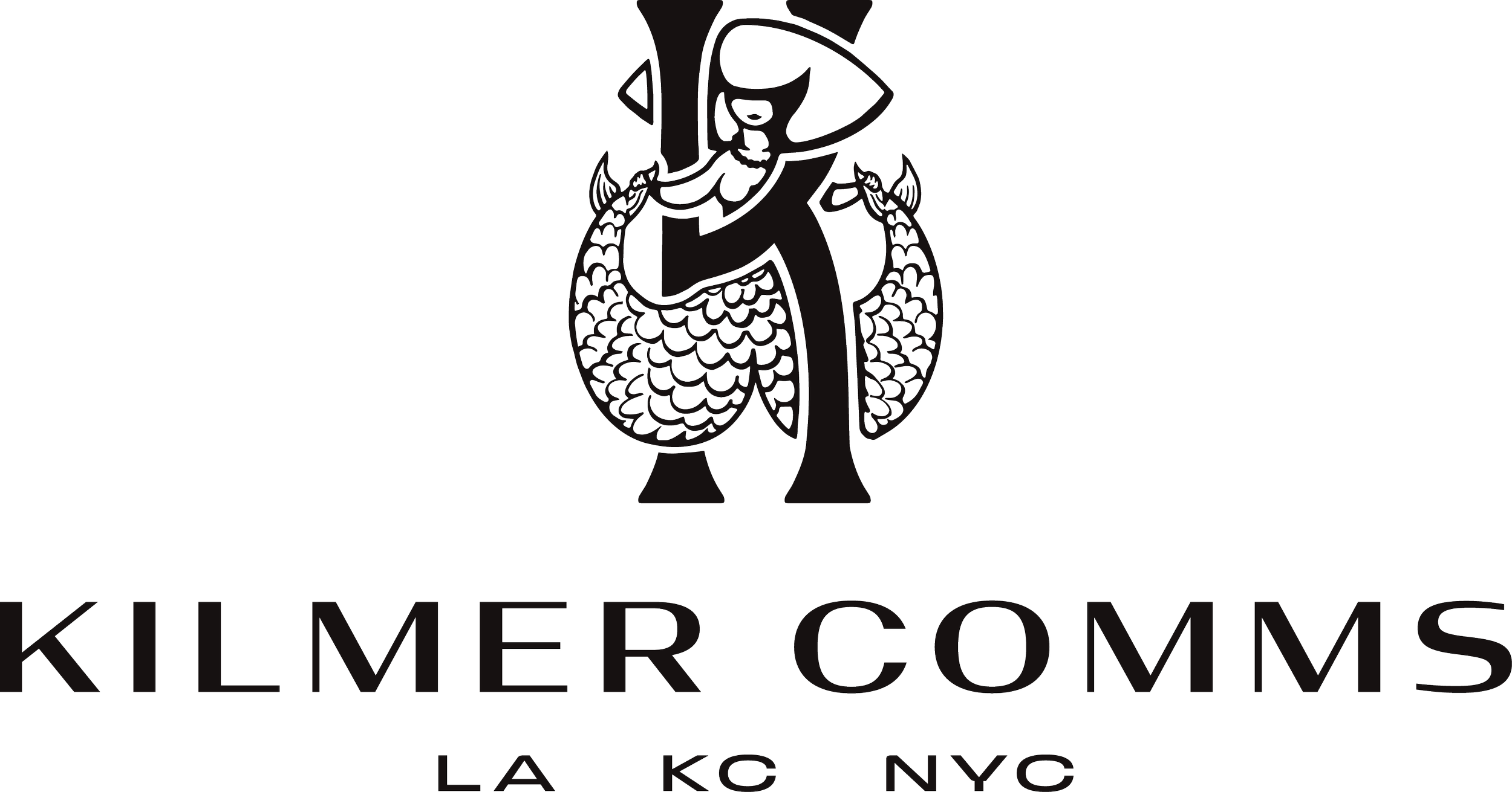 Logo for Kilmer Commons featuring a stylized siren or mermaid, and text indicating locations in LA, KC, and NYC.