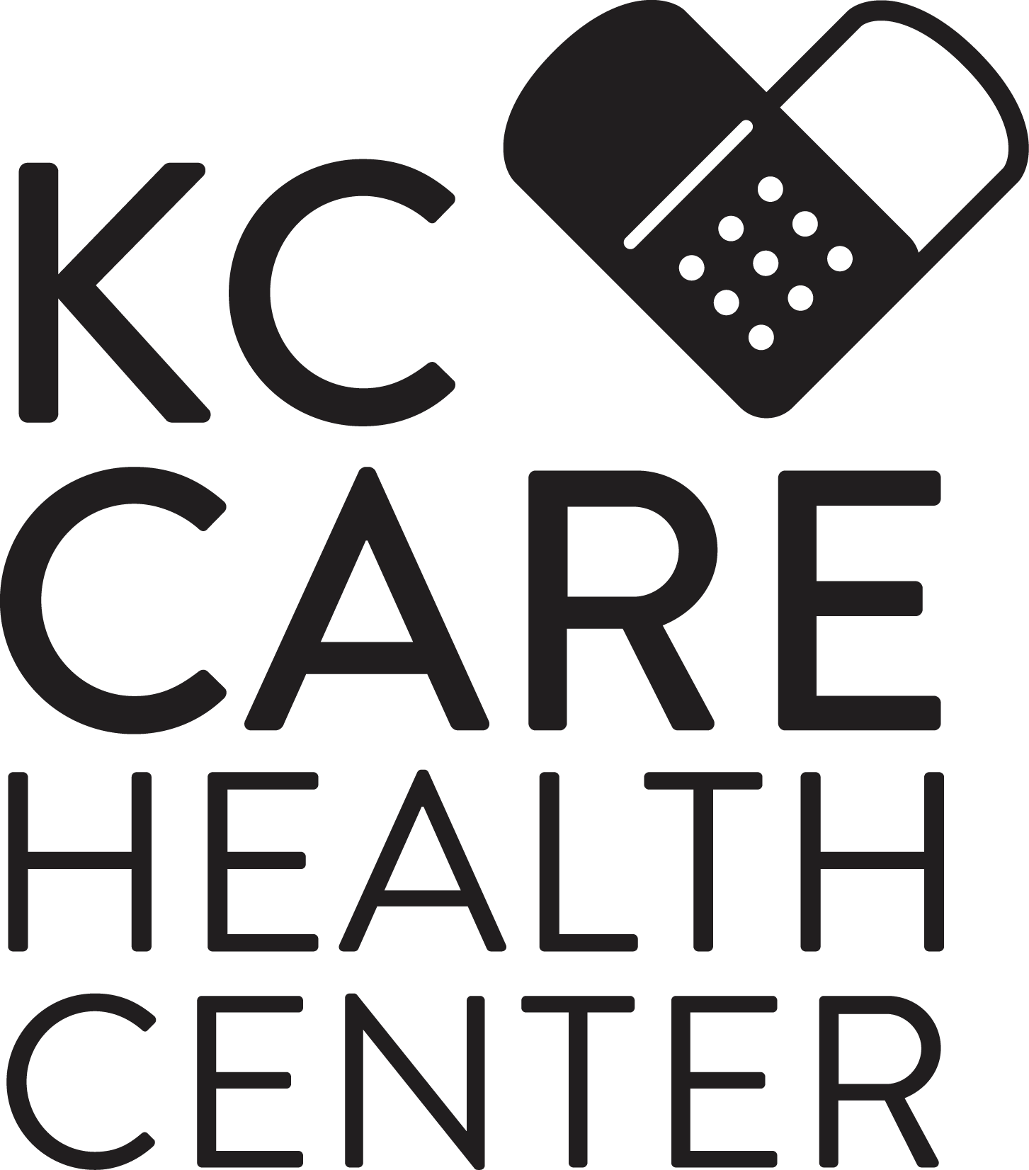 Black and white logo with text saying 'KC CARE HEALTH CENTER' and a bandage heart icon.