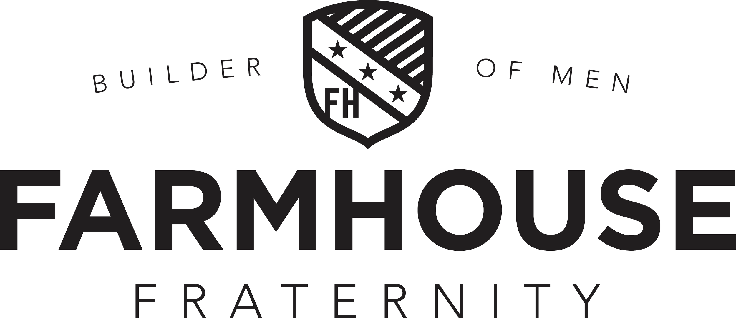 Logo for Farmhouse Fraternity featuring a shield with stars and diagonal stripes, encircled by the words 'Builder of Men' and 'Farmhouse Fraternity' in bold font.