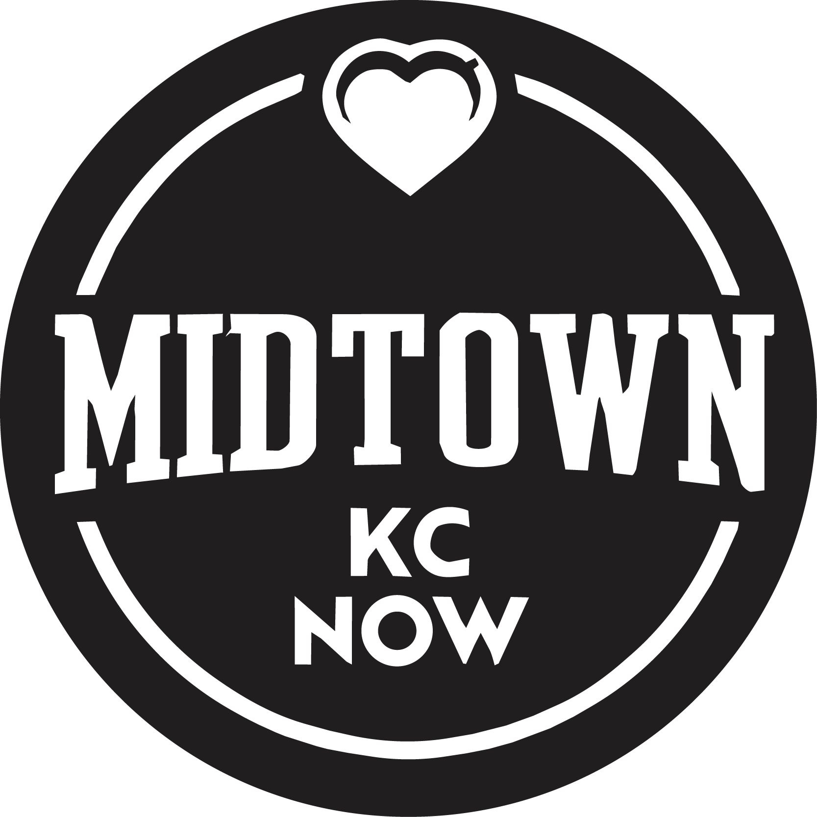 A circular black and white logo with the word 'MIDTOWN' in large capital letters, a small 'KC' beneath it, and a heart shape at the top of the circle.