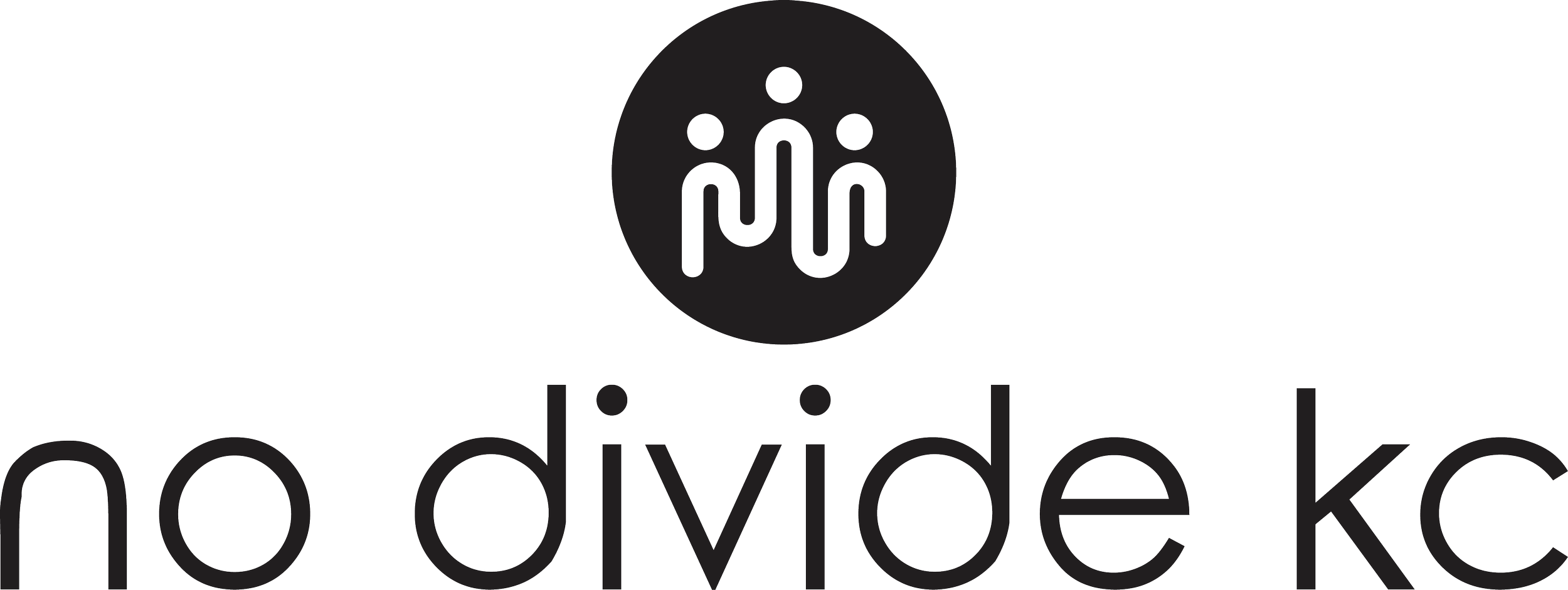 Logo of no divide kc with a black circular emblem featuring three stylized human figures above the text.