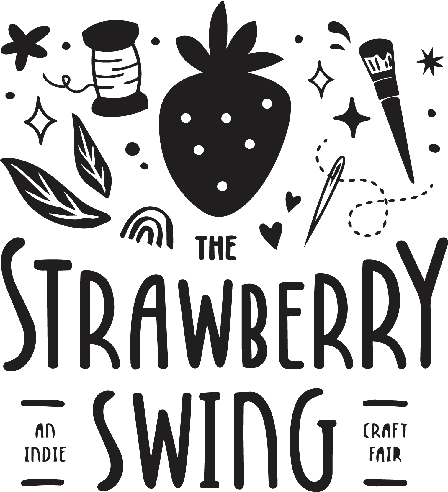 Line art illustration featuring a large strawberry, a pie, leaves, stars, a rainbow, and a needle with thread, with the words 'The Strawberry Skeleton' intertwined in a playful, whimsical style.
