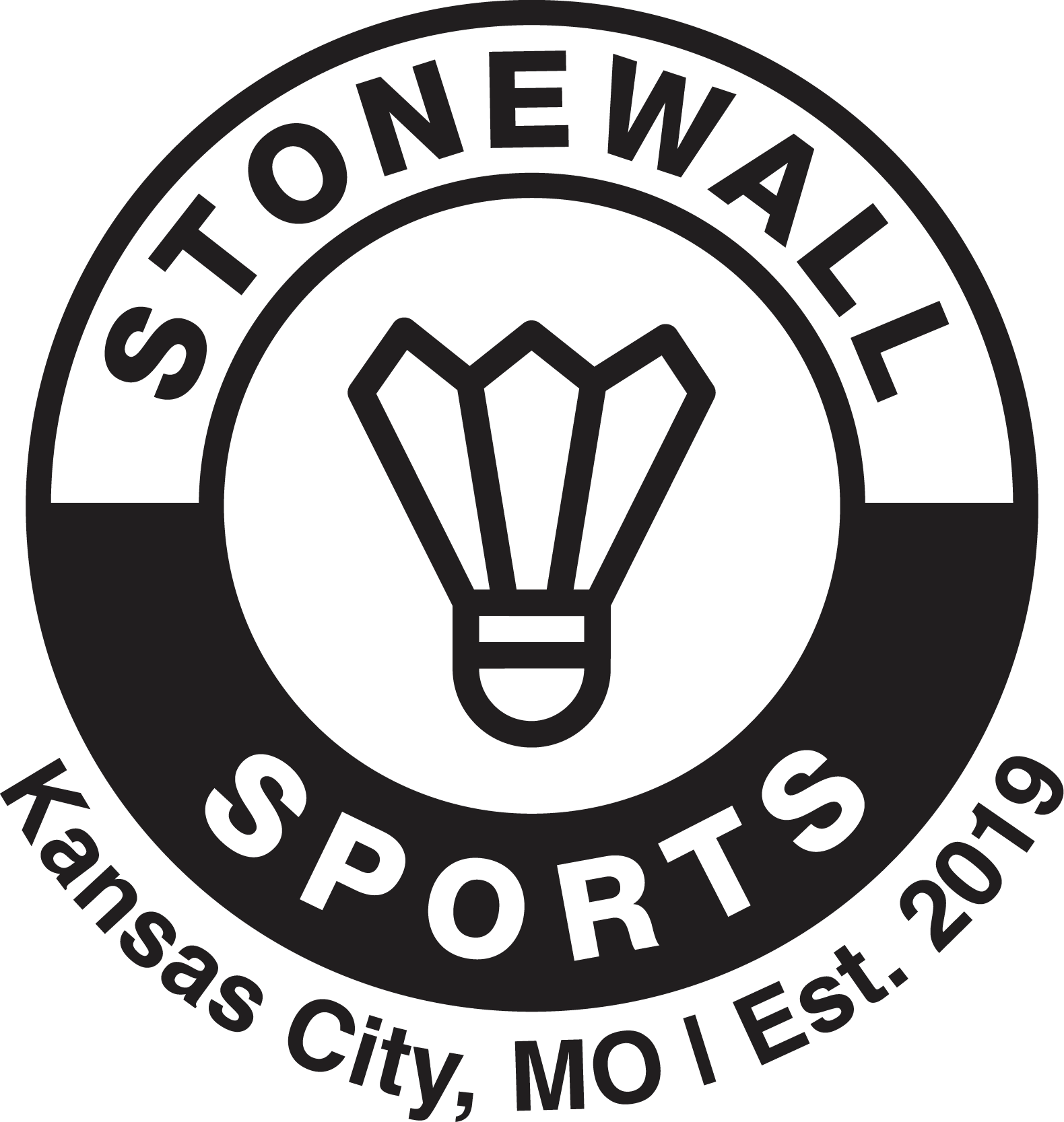 Black and white circular logo with the words 'Stonewell Sports' and 'Kansas City, MO' around a stylized lightbulb shape with mountains inside.