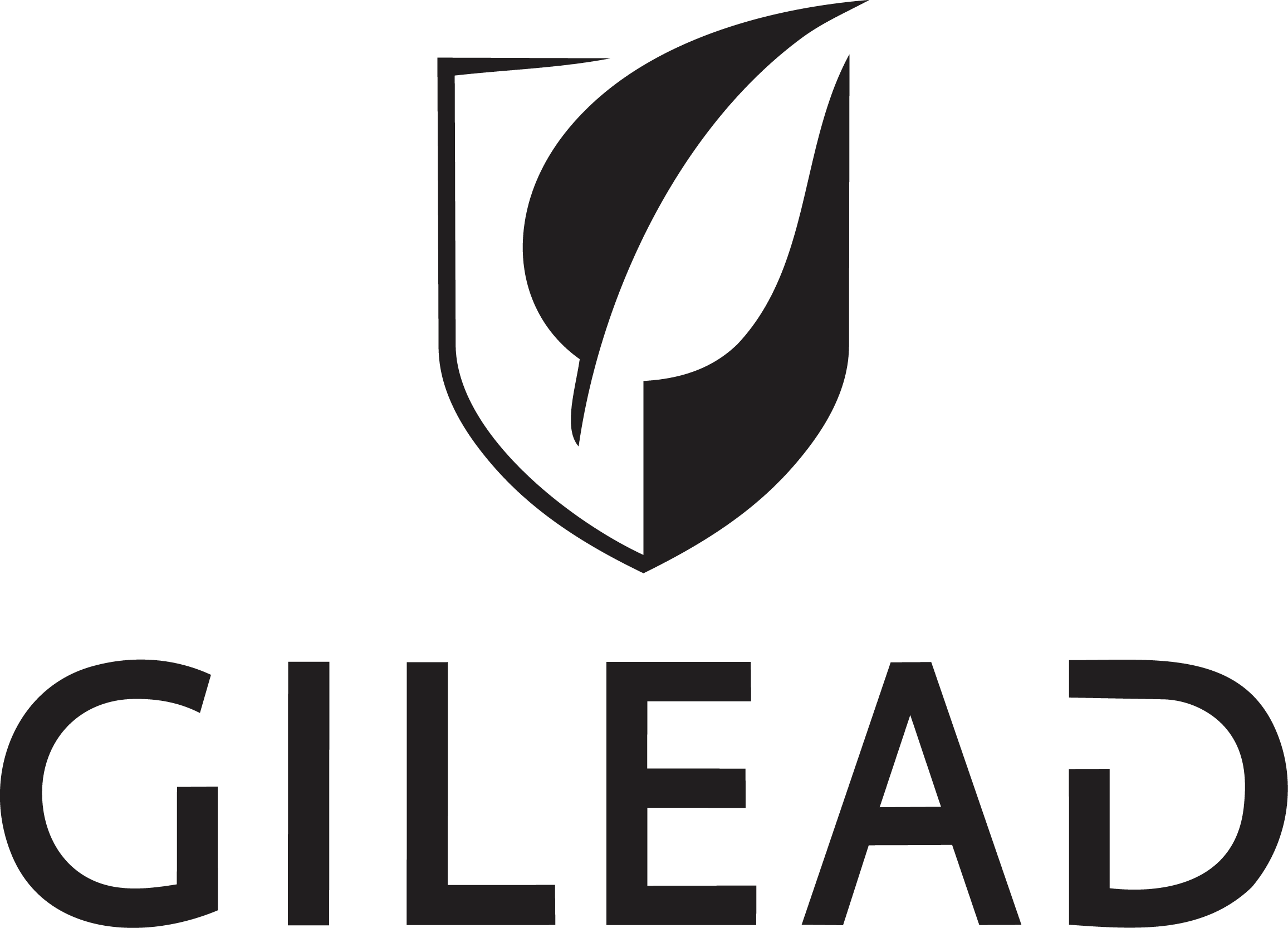A black and white logo with a shield and a leaf design at the top, and the text "Gilead" below.
