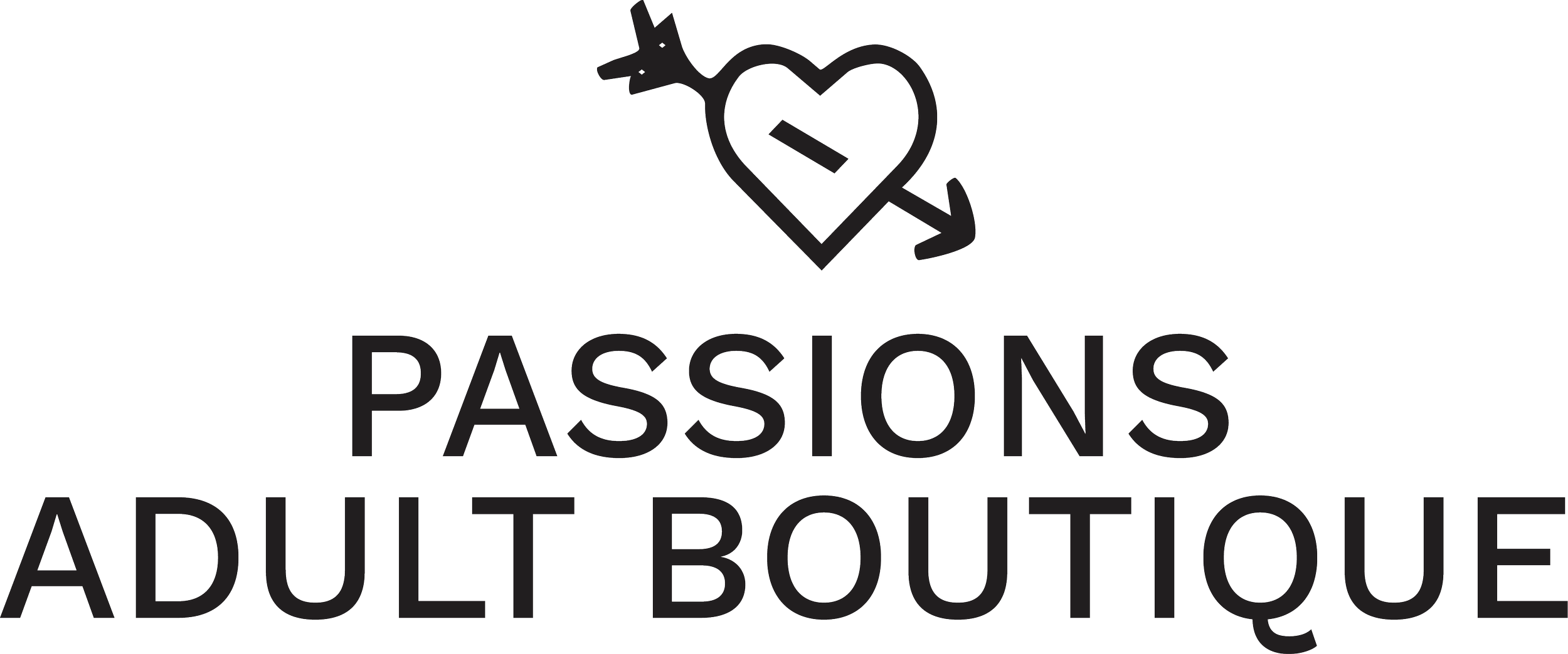 Logo for Passion Adult Boutique featuring a lipstick kiss with an arrow through it, and the text "PASSION ADULT BOUTIQUE" below.