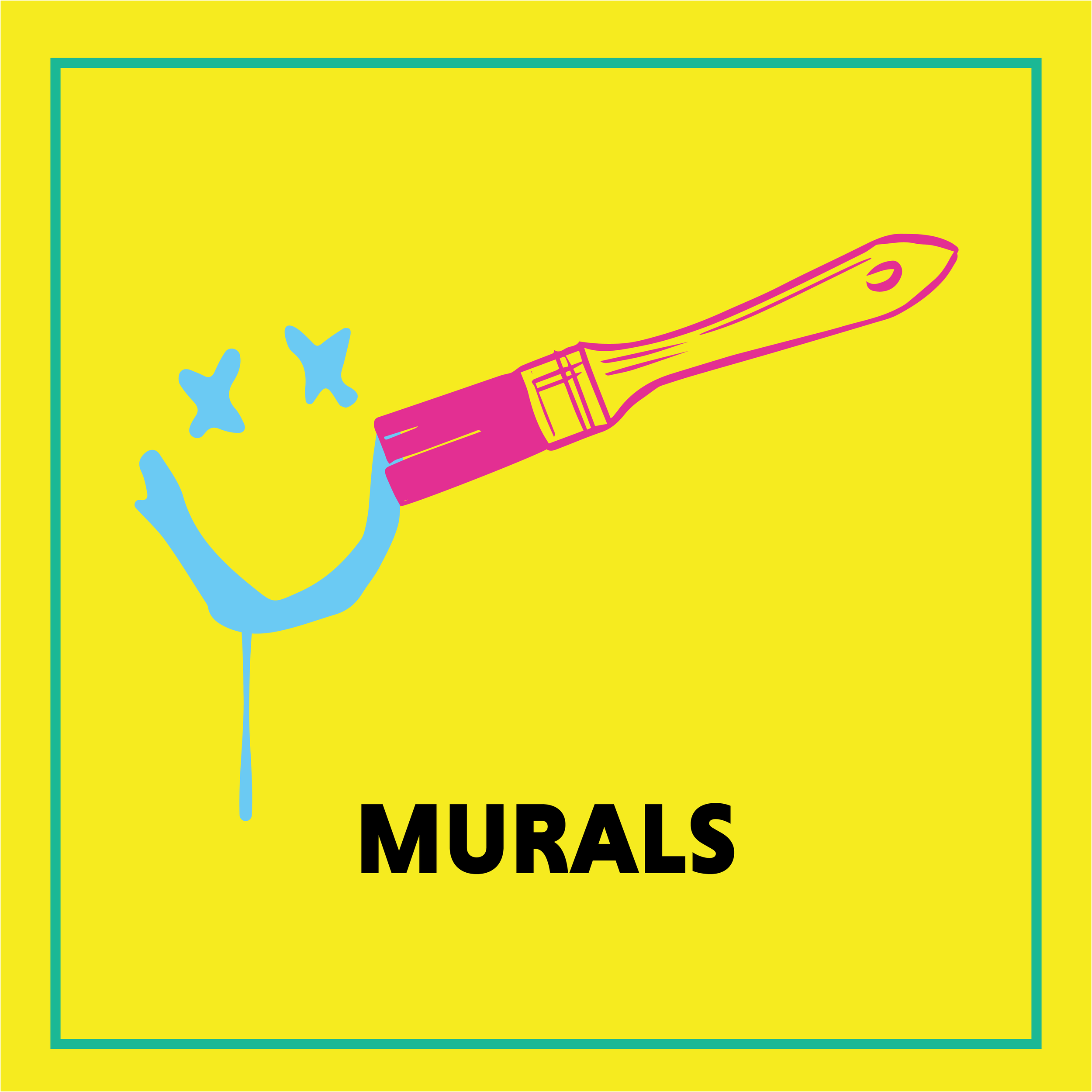 Yellow background with teal border, black text, and pink-outlined illustration of a paint roller with blue paint splashes surrounding it. Text reads 'MURALs'.