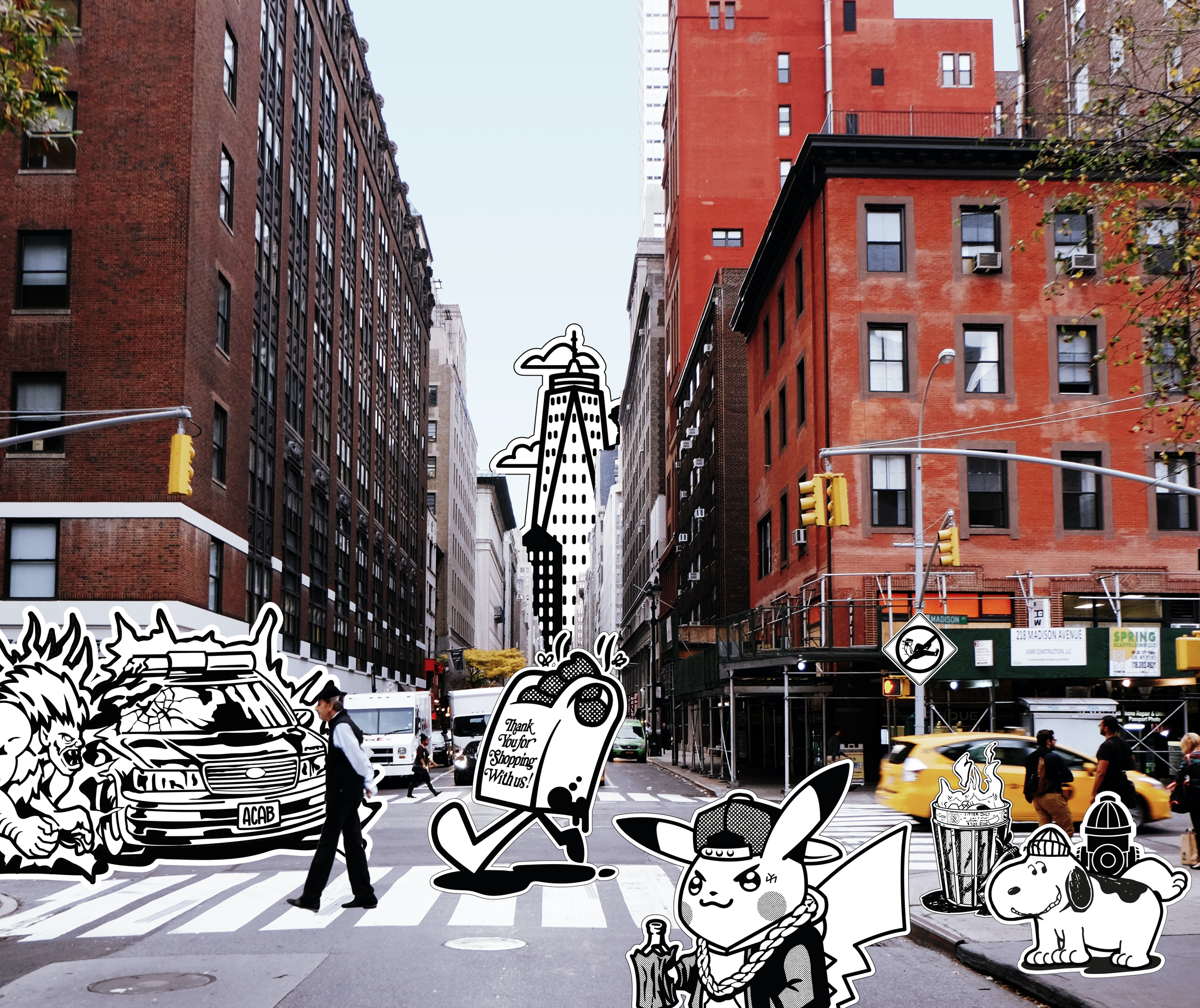 A photoshopped image of NYXL stickers in New York City