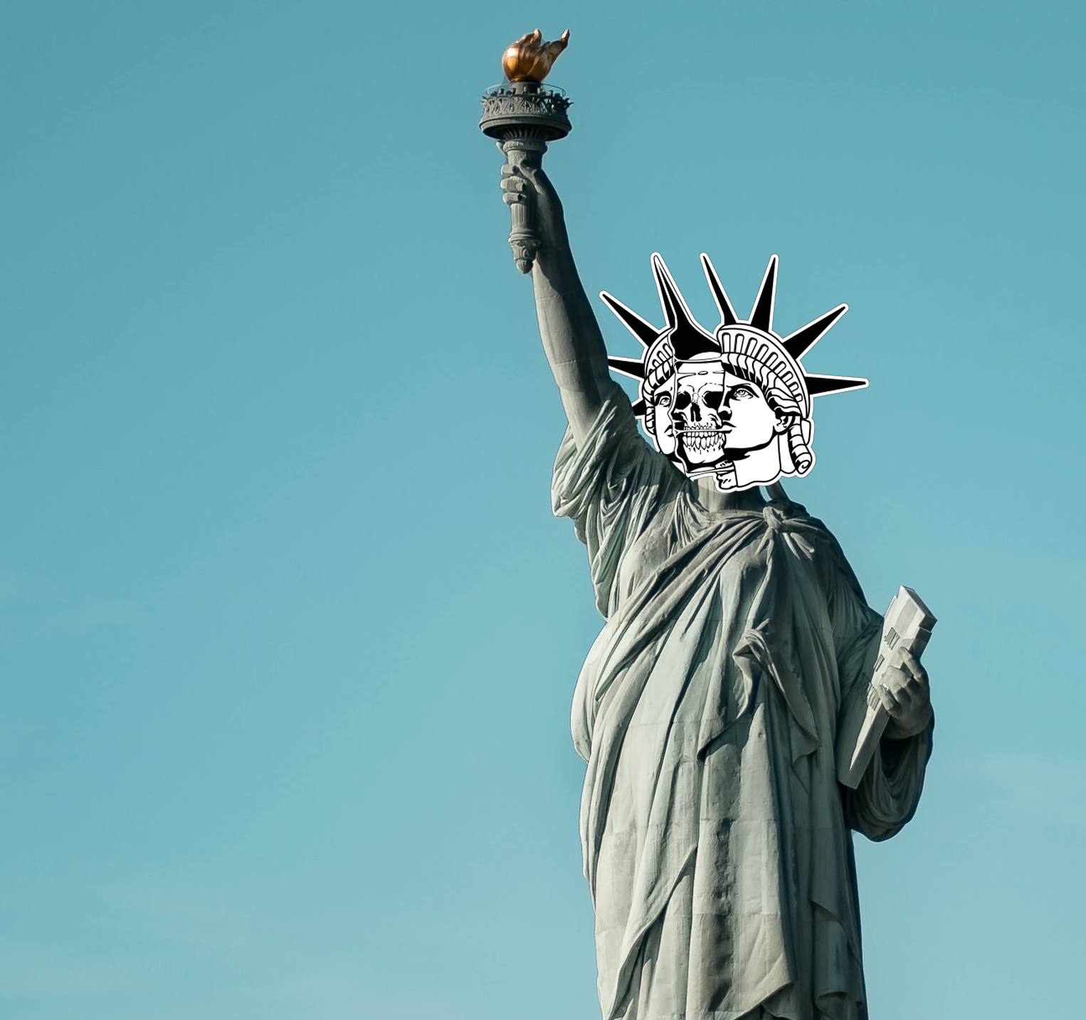 A photoshopped image of the NYFU logo over the Statue of Liberty