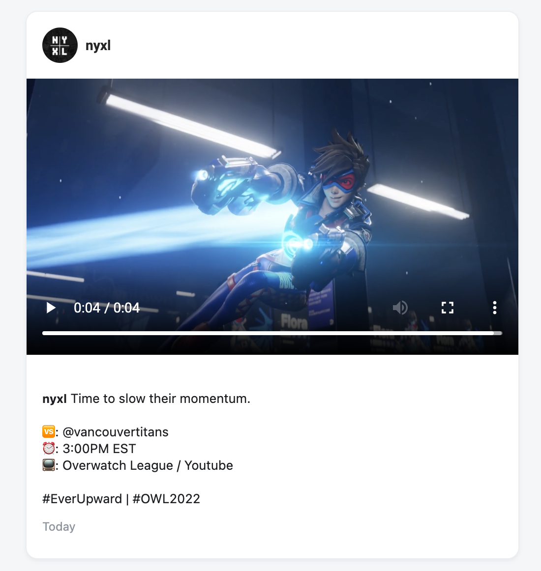 Game Day posting for NY Excelsior, the Overwatch League team