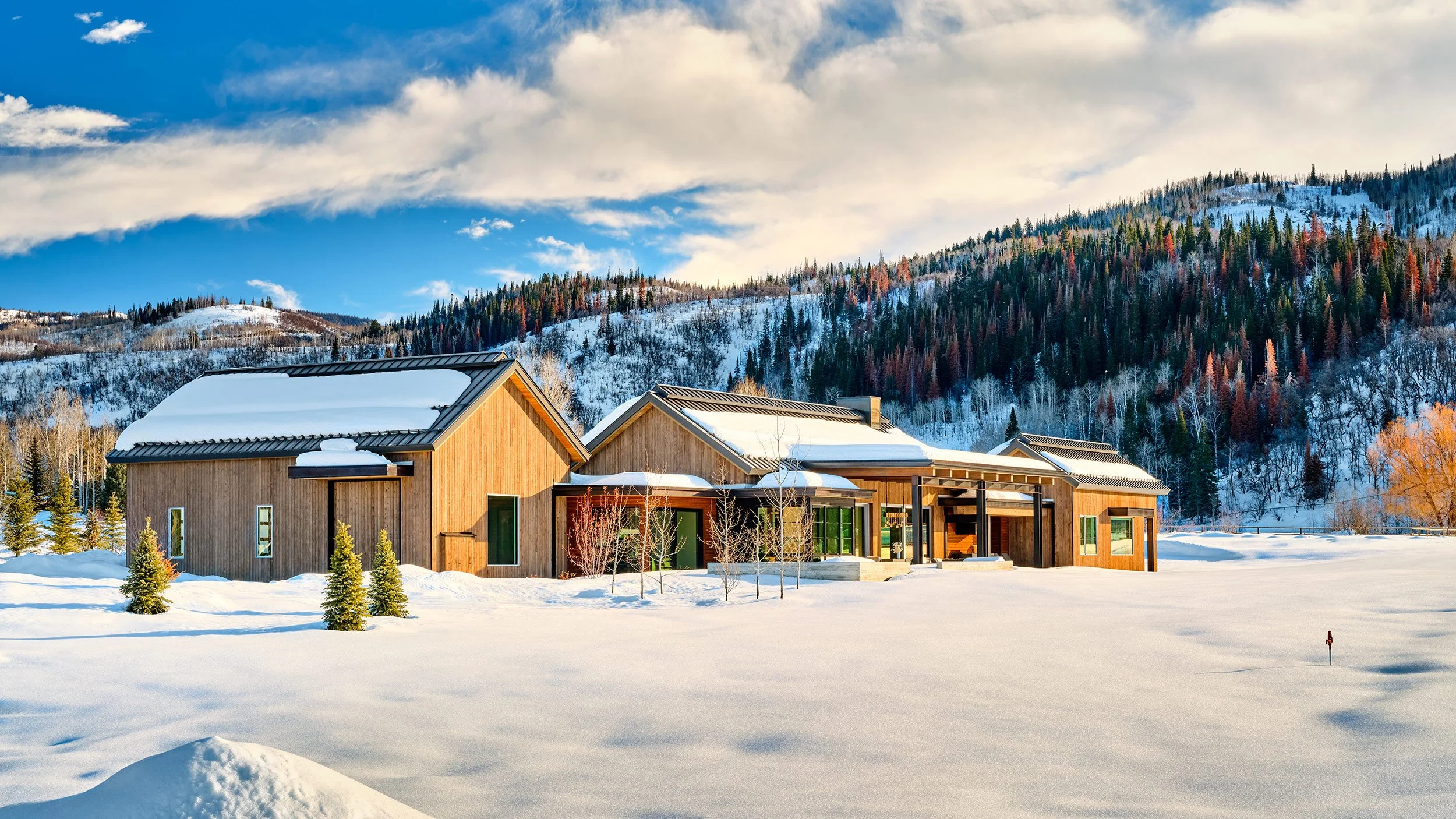 A modern wooden house in a snowy landscape with a mountain and forest in the background under a partly cloudy sky.