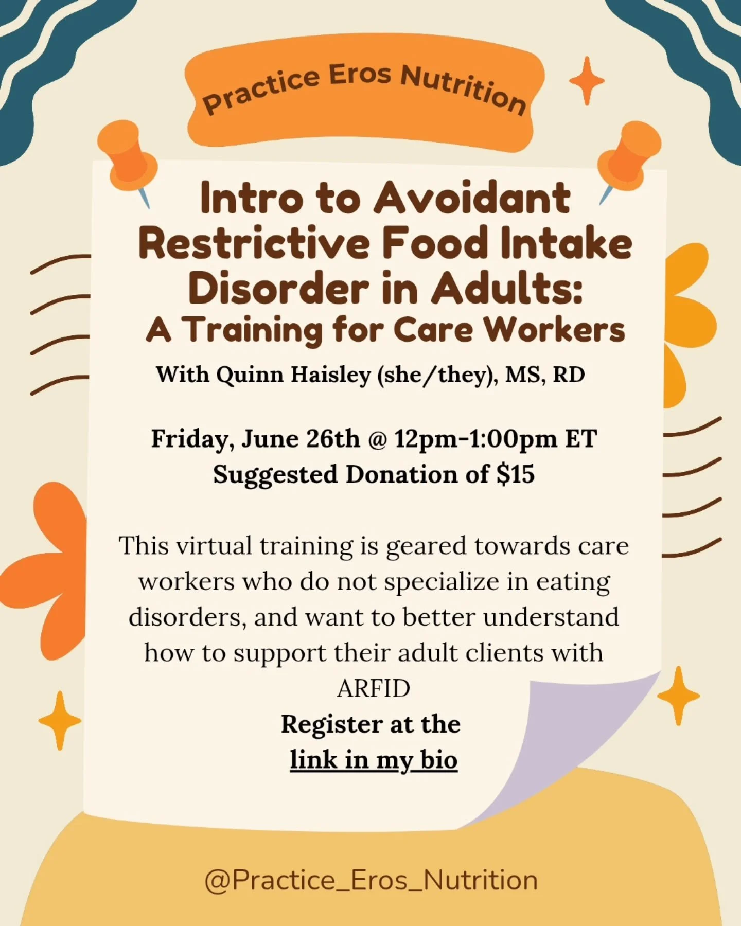 I'm excited to be offering another round of my Intro to ARFID training for care workers! The training will be held over Zoom on June 26th at 12pm ET. 

Click the link in my bio to sign-up, and email Quinnh@practiceerosnutrition.com with any questions