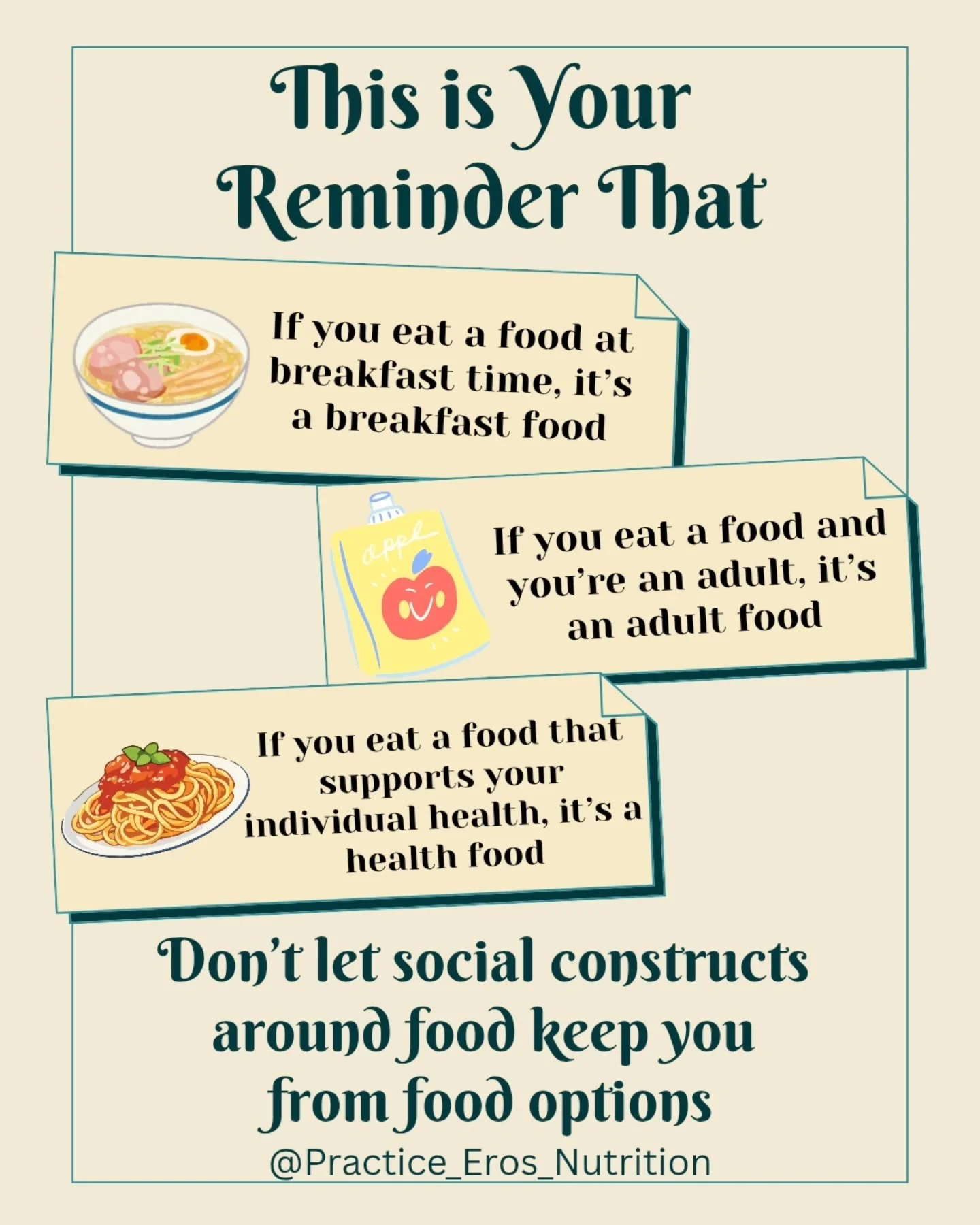 Reminder that social constructs around food don't have to dictate what you eat or when you eat it! This often comes up with my clients. Don't like stereotypical breakfast foods? Try something you would want for lunch or dinner. Want to eat that food 