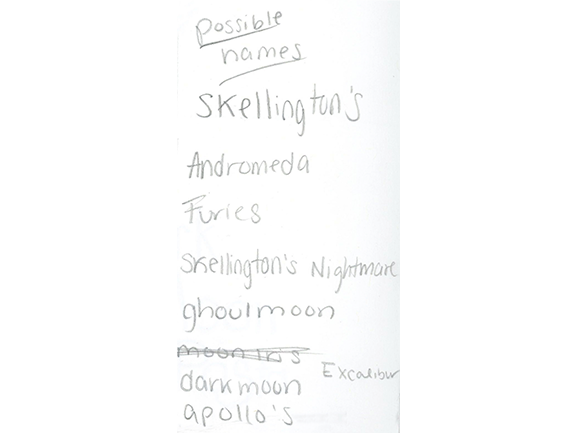 List of possible names handwritten on paper, including Skellington's, Andromeda, Furies, Skellington's Nightmare, ghoulmoon, darkmoon, and Apollo's, with Excalibur crossed out.