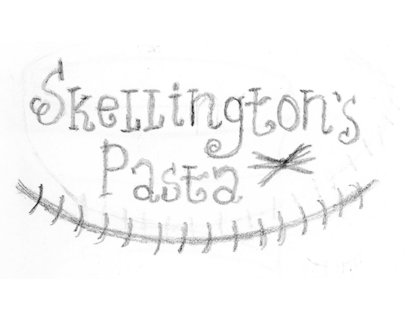 Pencil drawing of the words "Skellington's Pasta" with stitch-like decorations below.