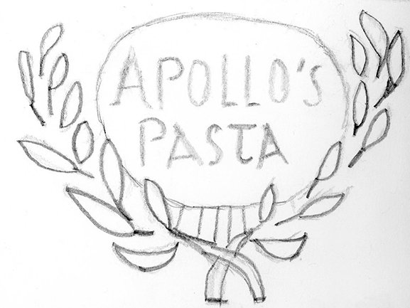 Hand-drawn logo sketch with text "Apollo's Pasta" encircled by laurel leaves.